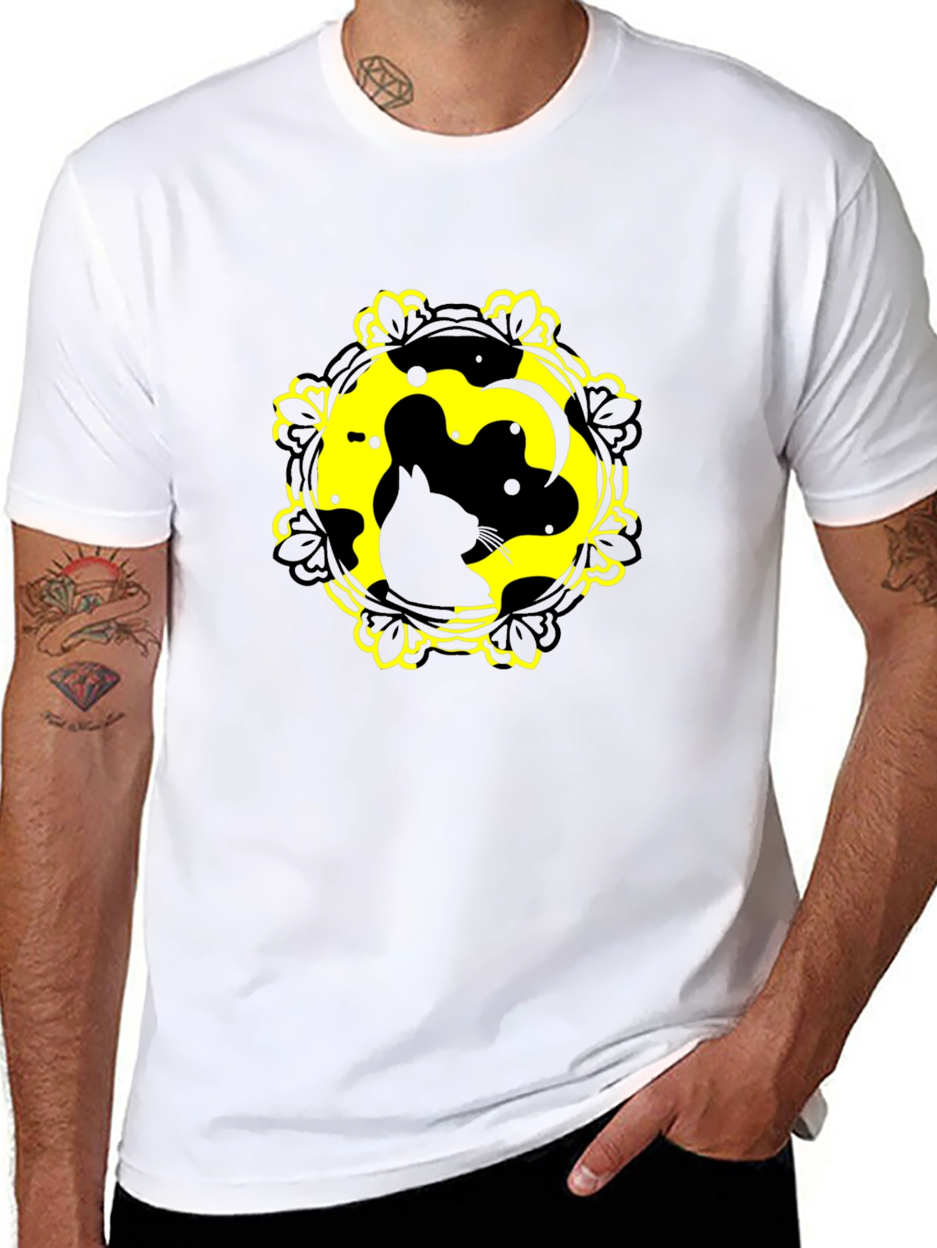 Cat Yin Yang Graphic Tee - Black Cotton Blend