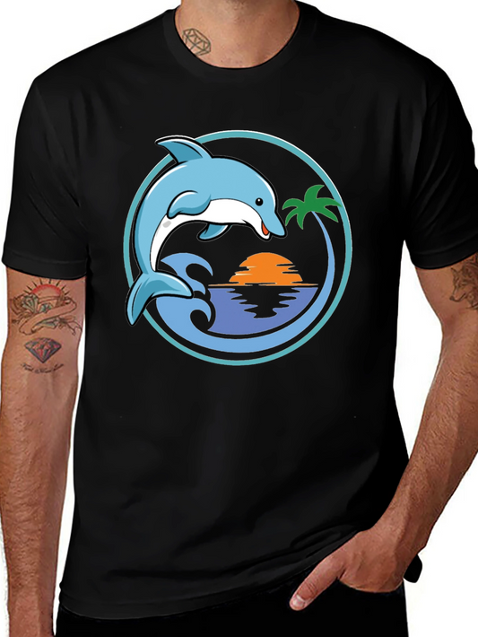 Dolphin Sunset Graphic T-Shirt - Black
