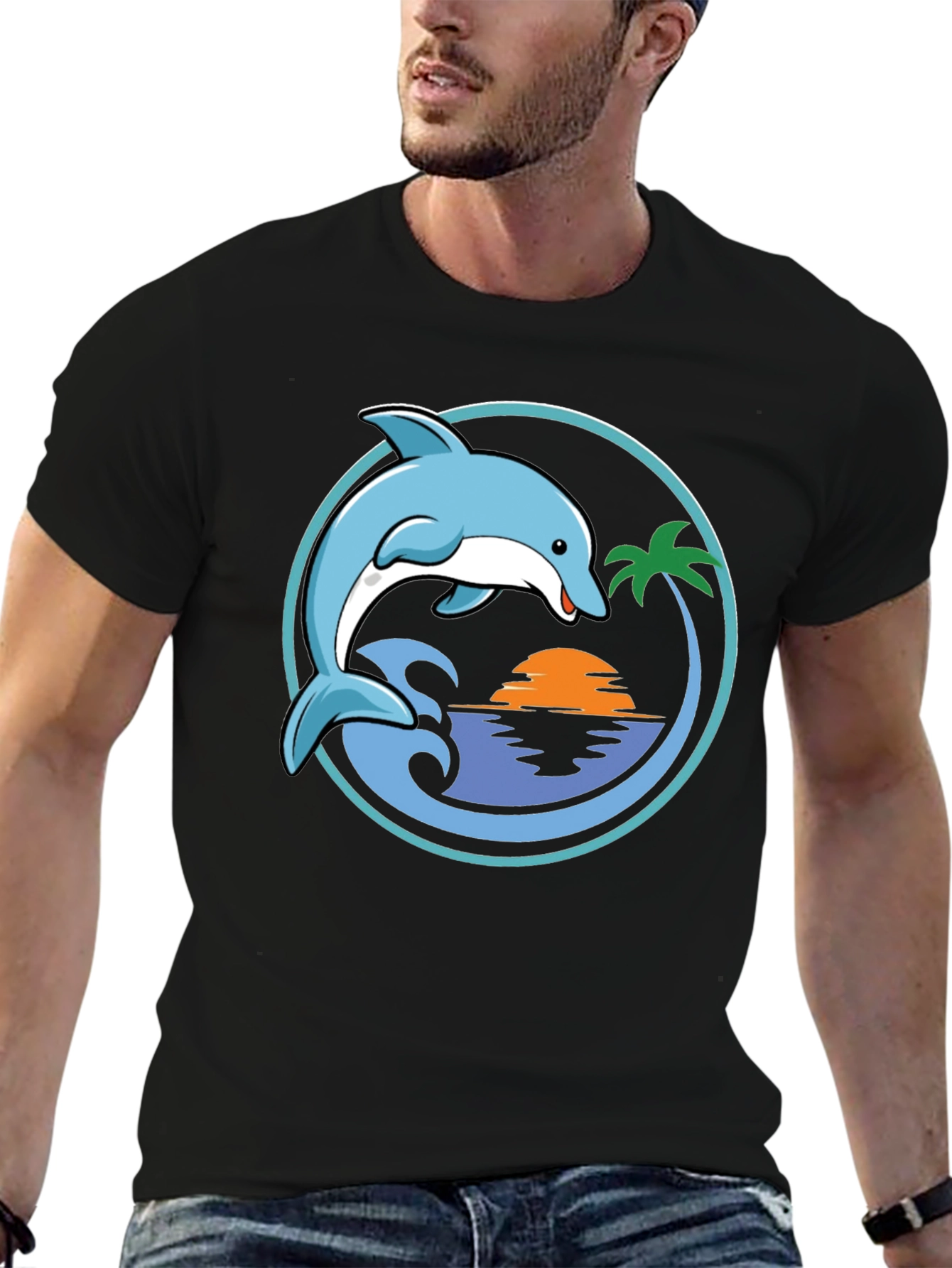 Dolphin Sunset Graphic T-Shirt - Black