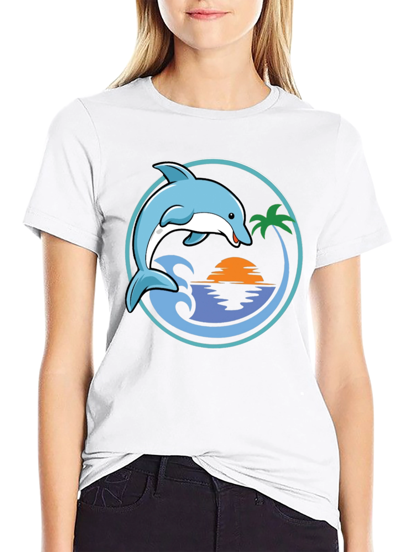 Dolphin Sunset Graphic T-Shirt - Black