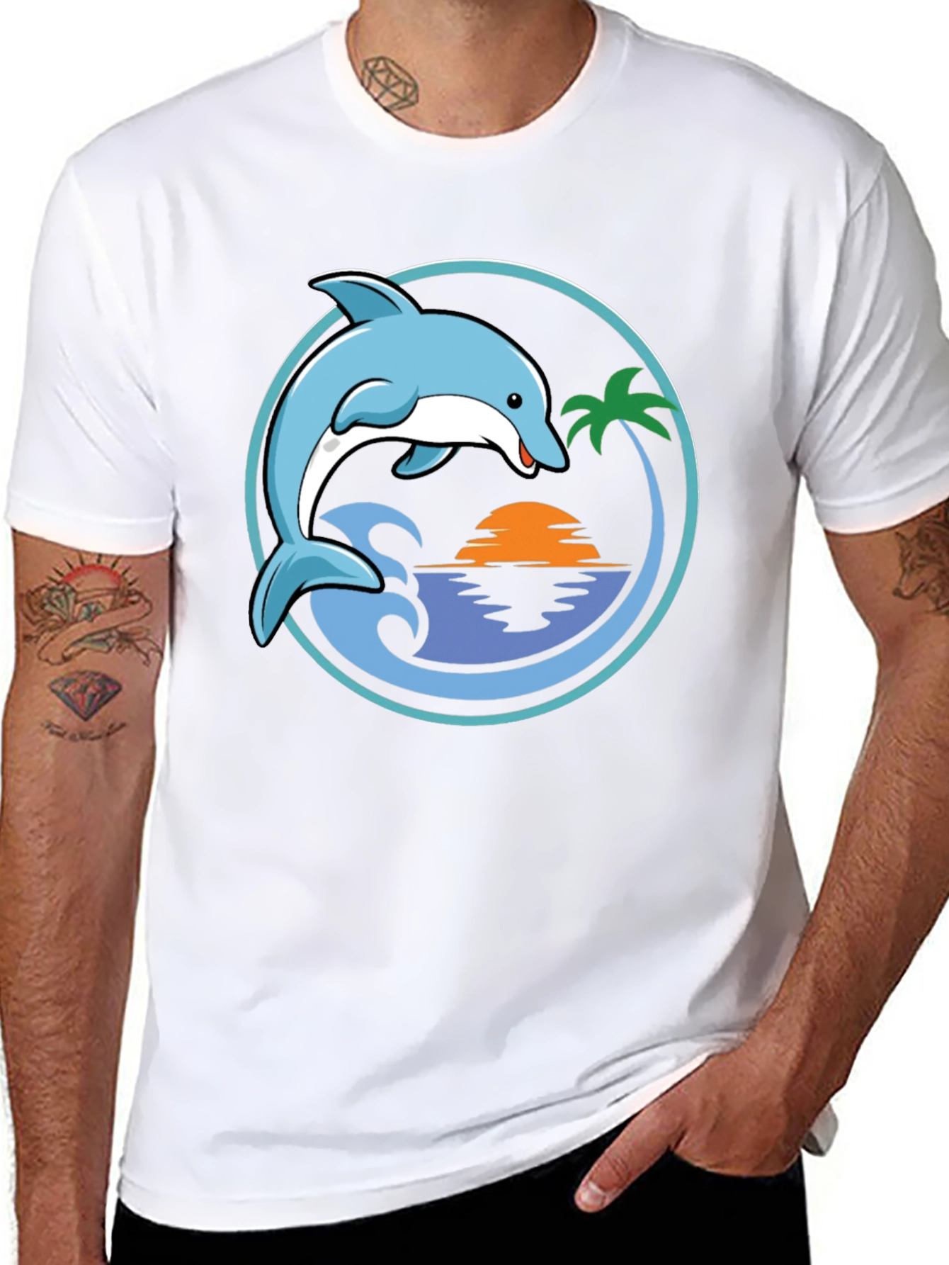 Dolphin Sunset Graphic T-Shirt - Black