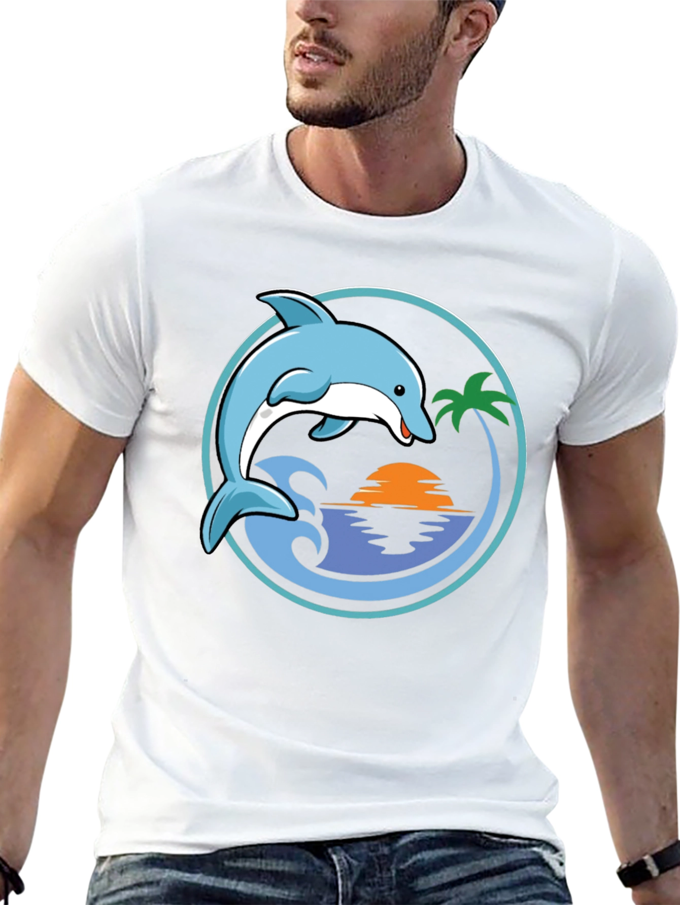 Dolphin Sunset Graphic T-Shirt - Black
