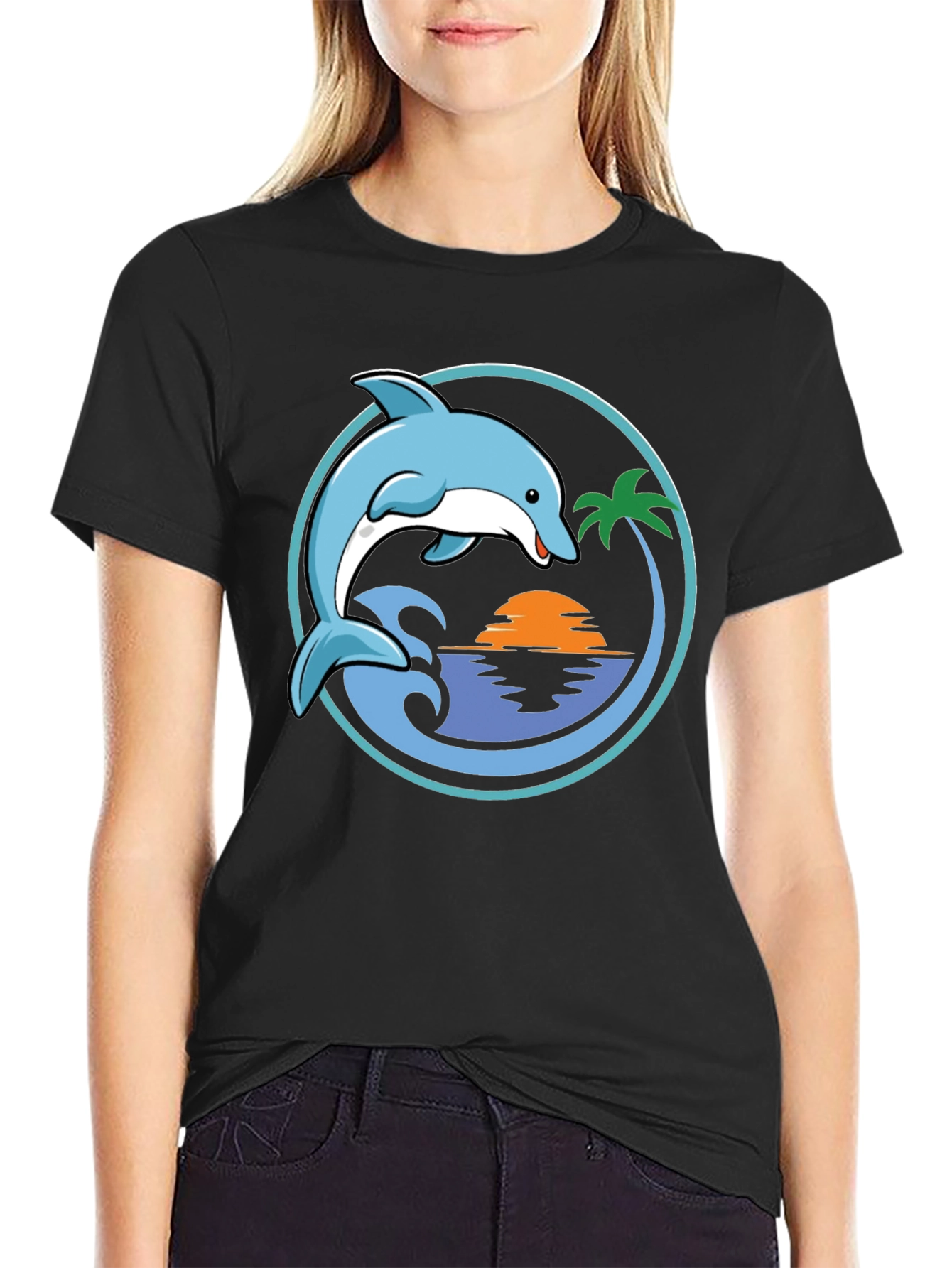 Dolphin Sunset Graphic T-Shirt - Black