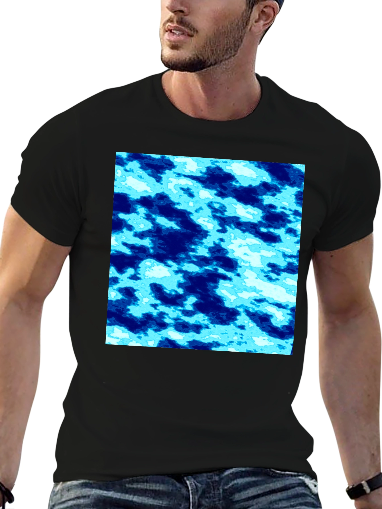 Abstract Blue Pattern Black T-Shirt