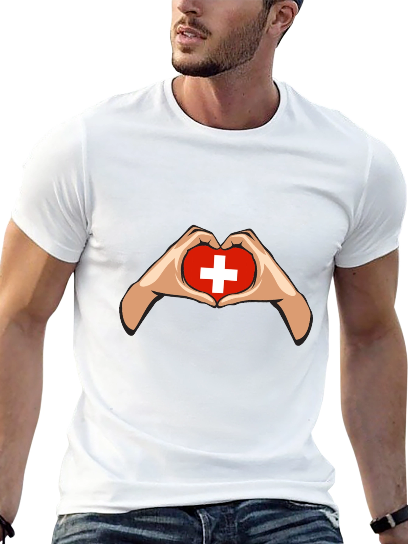 Switzerland Flag Heart Hands Graphic T-Shirt
