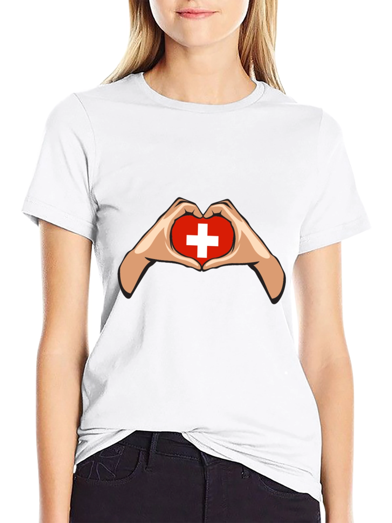Switzerland Flag Heart Hands Graphic T-Shirt