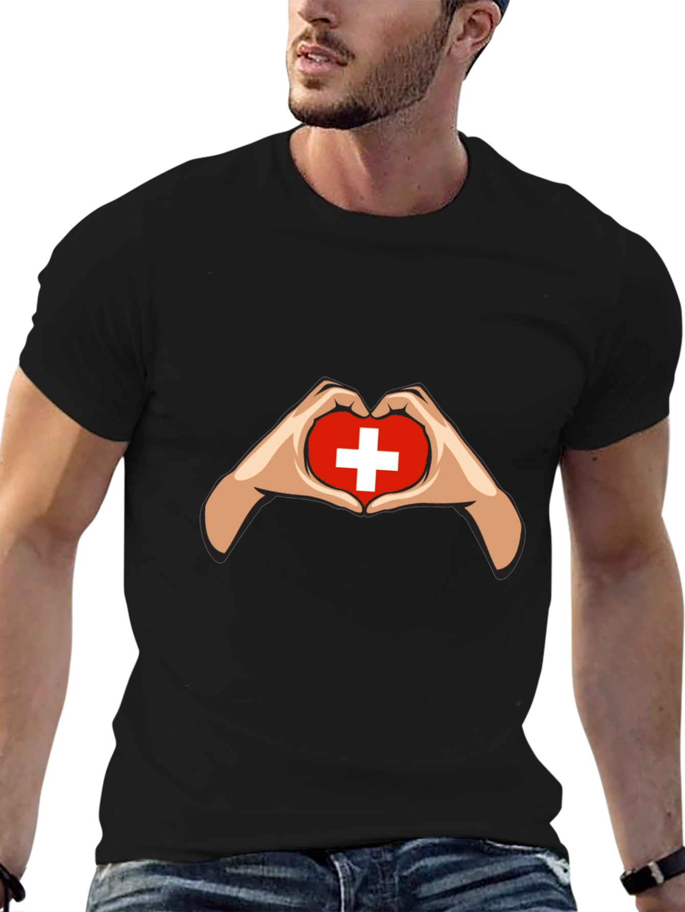 Switzerland Flag Heart Hands Graphic T-Shirt