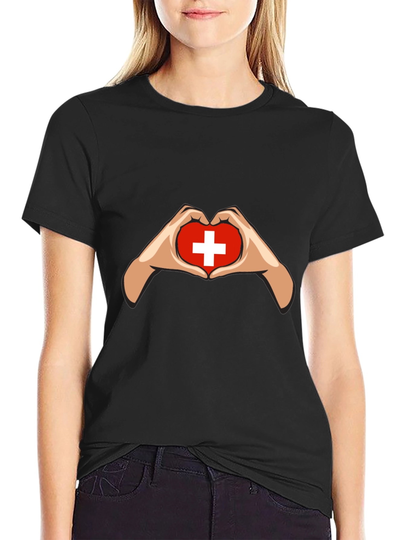 Switzerland Flag Heart Hands Graphic T-Shirt