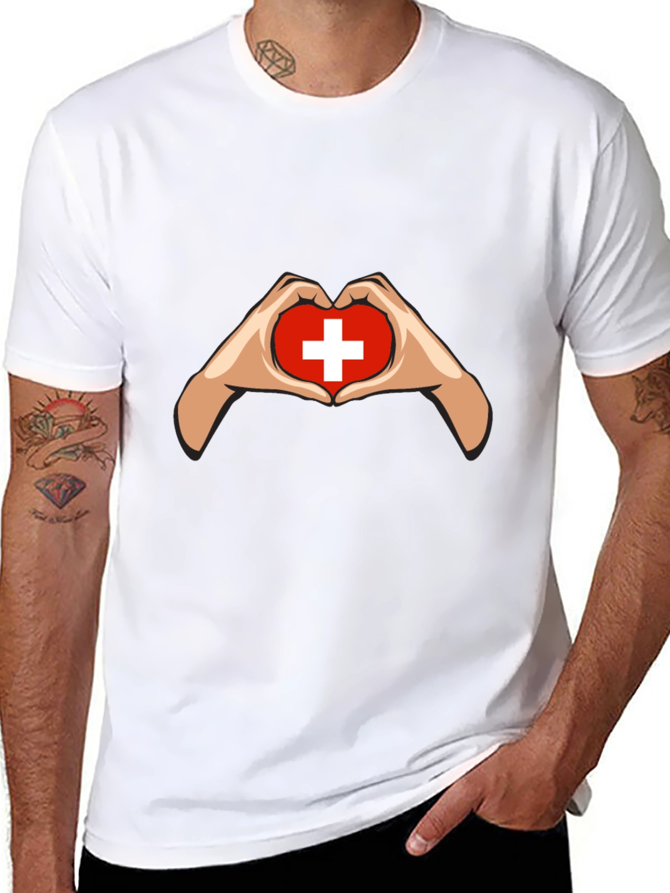 Switzerland Flag Heart Hands Graphic T-Shirt