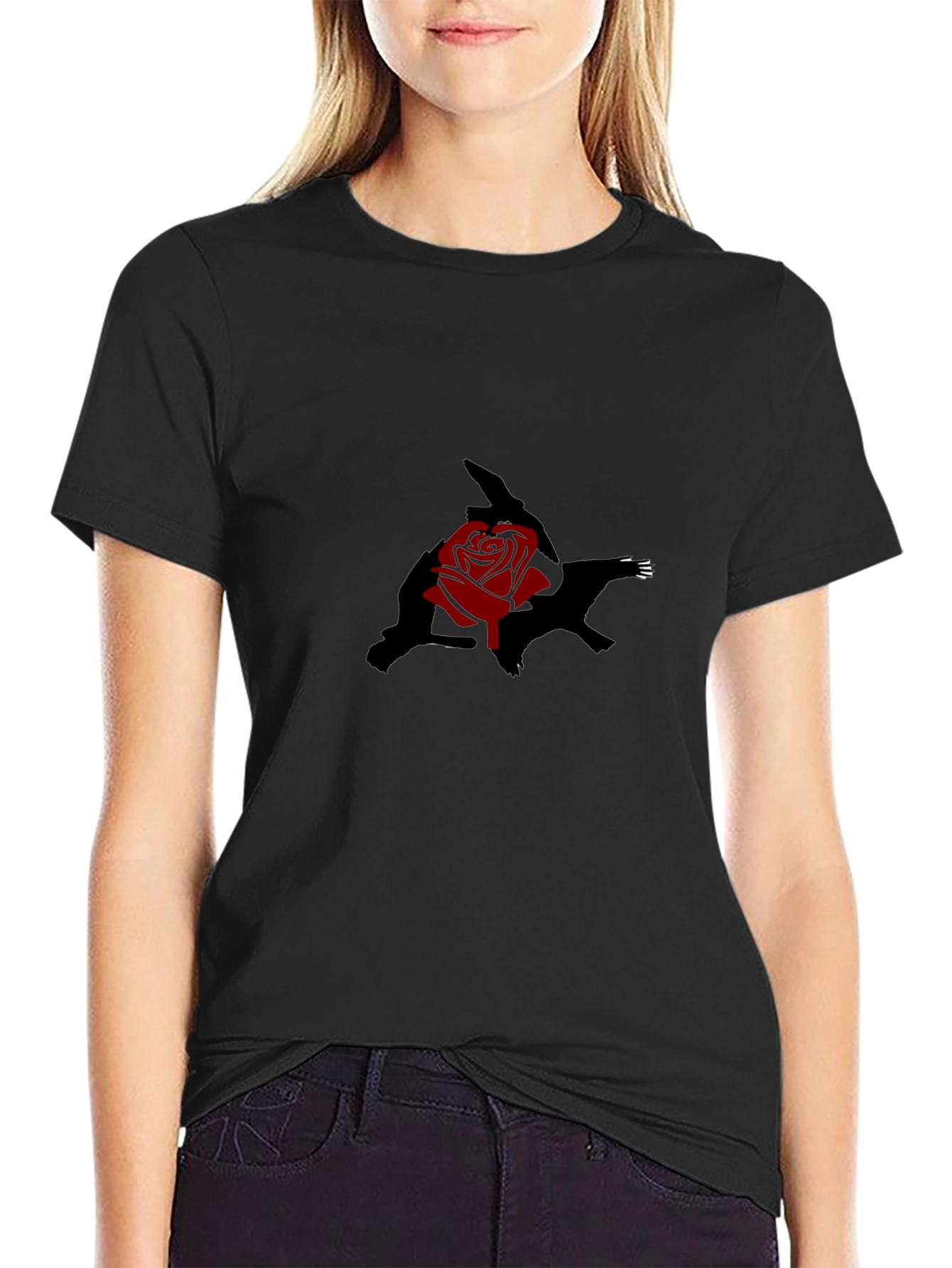 Black T-Shirt with Rose and Shadow Graphic Print