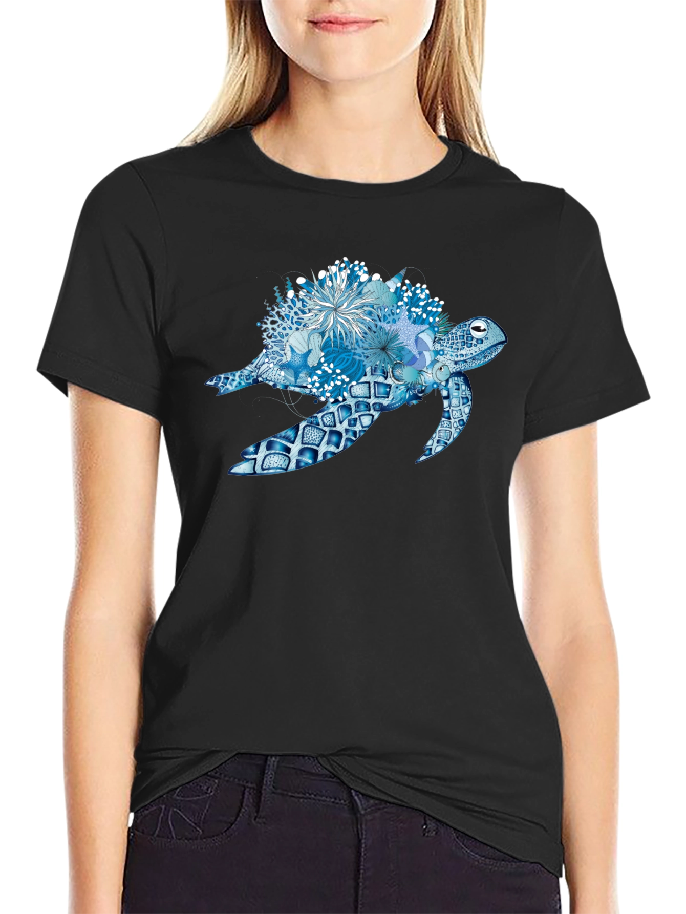 Blue Sea Turtle Floral T-Shirt