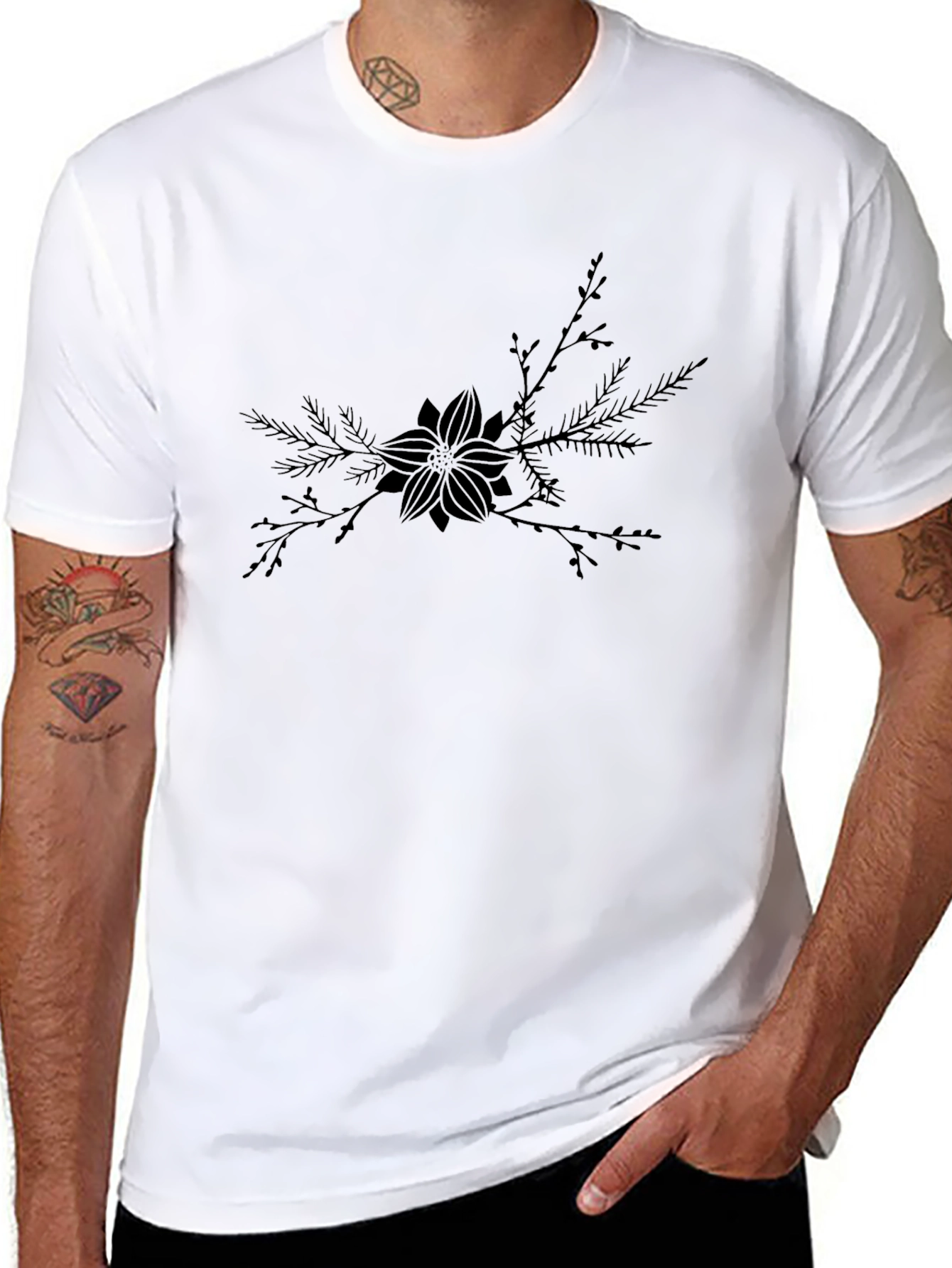Black T-Shirt with Botanical Floral Design