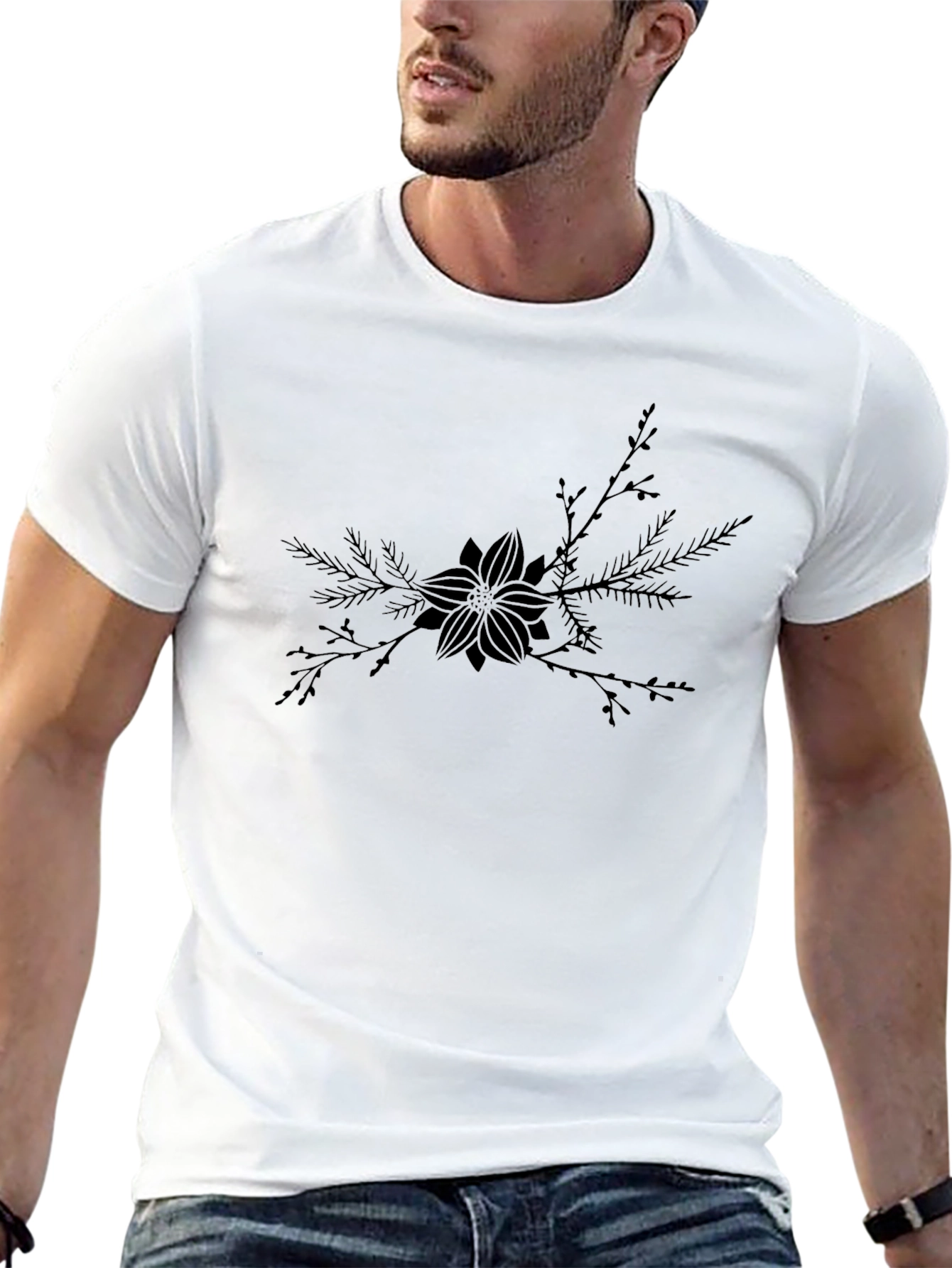 Black T-Shirt with Botanical Floral Design