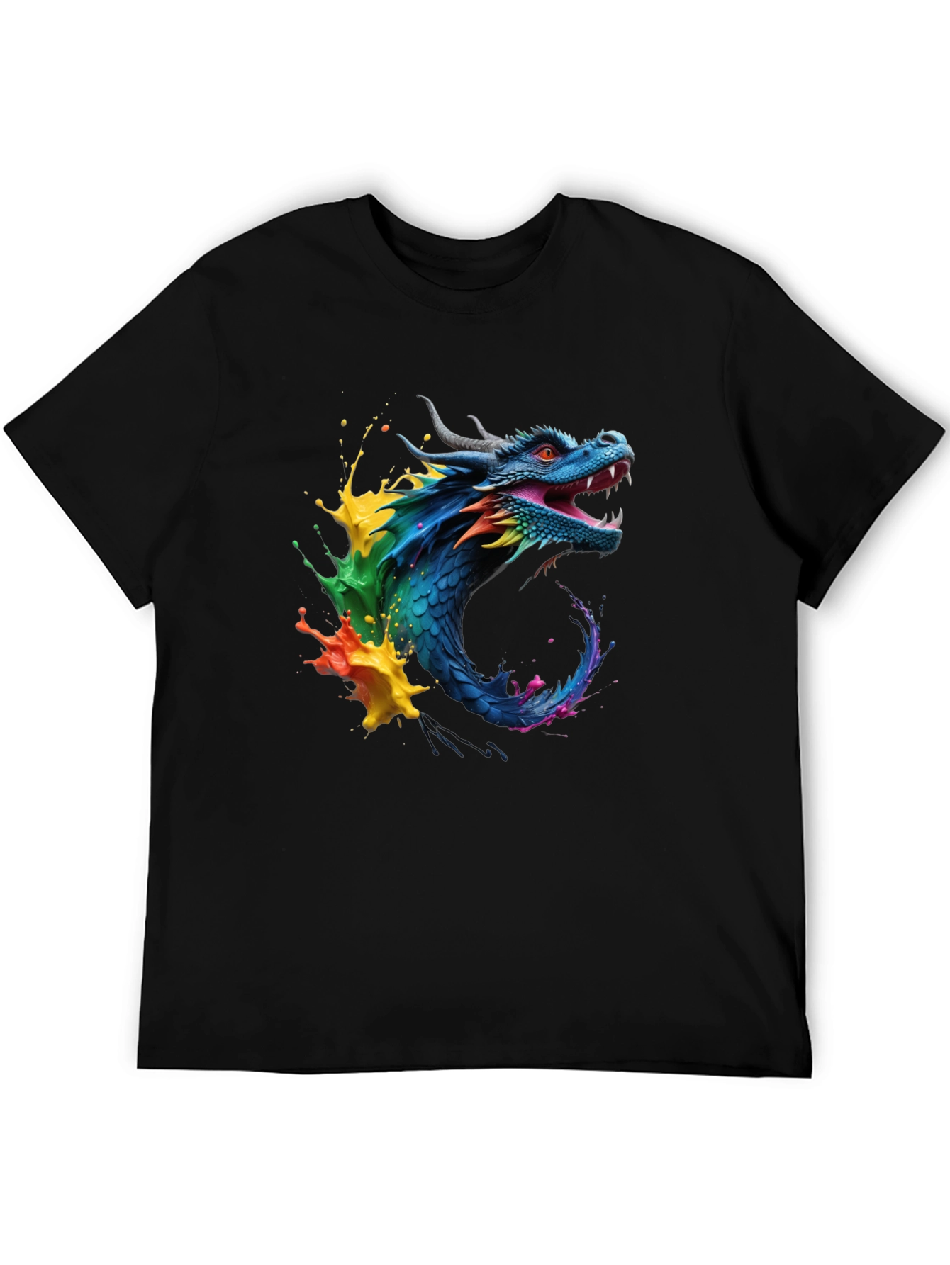 Vibrant Dragon Graphic Tee - Black Cotton Blend