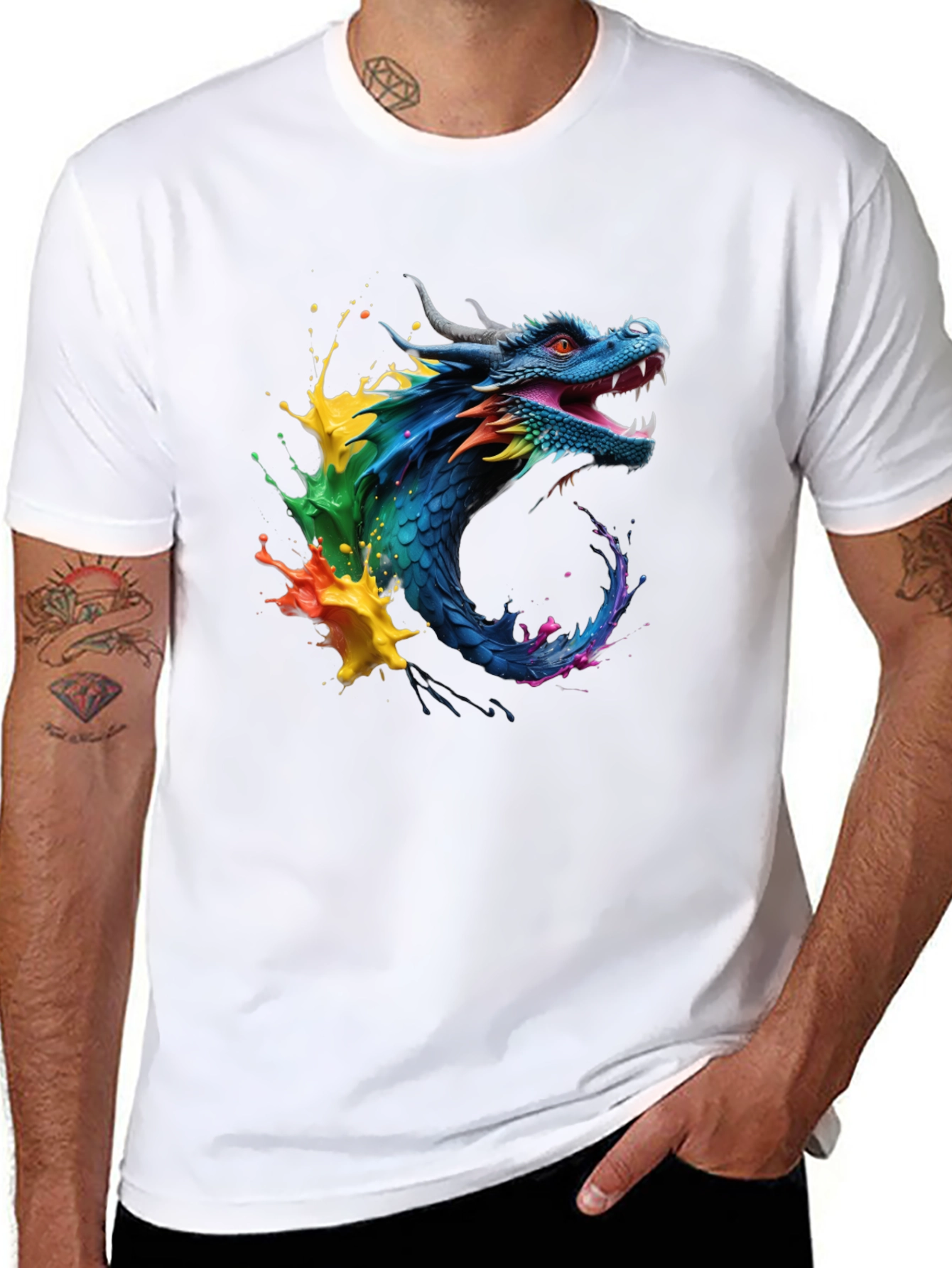 Vibrant Dragon Graphic Tee - Black Cotton Blend