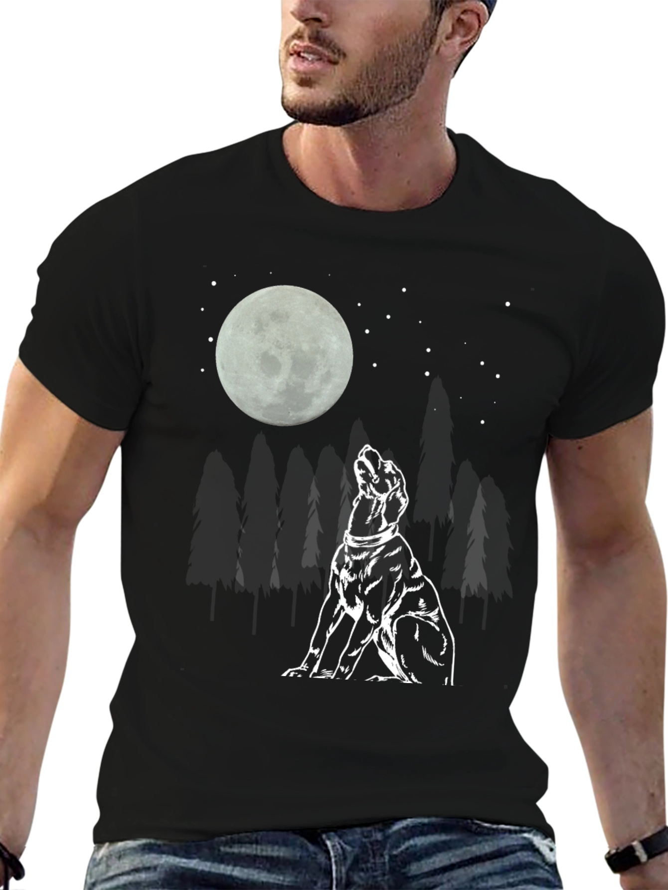 Moon Gazing Dog Graphic Tee - Black Cotton T-Shirt