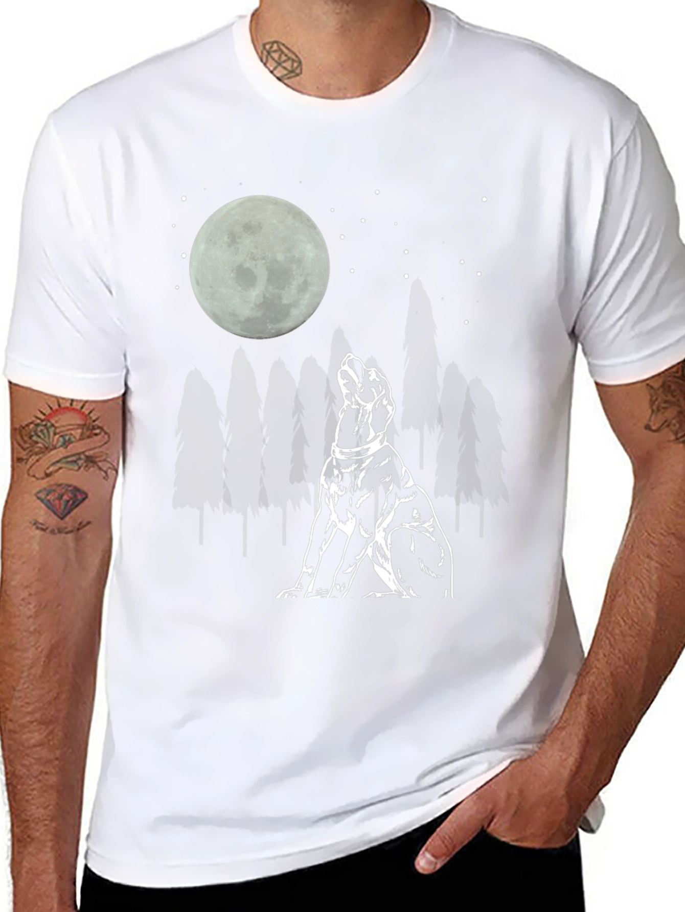 Moon Gazing Dog Graphic Tee - Black Cotton T-Shirt