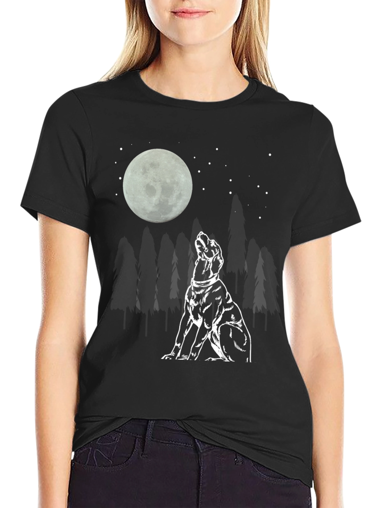 Moon Gazing Dog Graphic Tee - Black Cotton T-Shirt