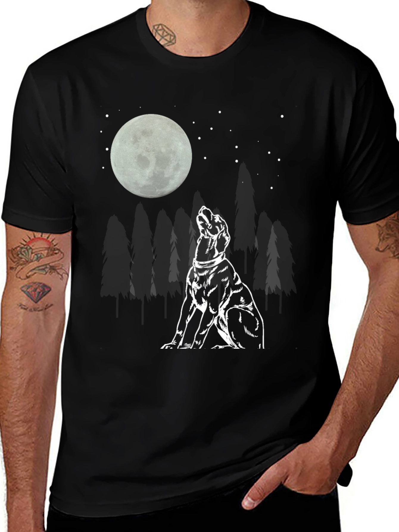 Moon Gazing Dog Graphic Tee - Black Cotton T-Shirt