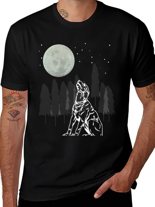 Moon Gazing Dog Graphic Tee - Black Cotton T-Shirt