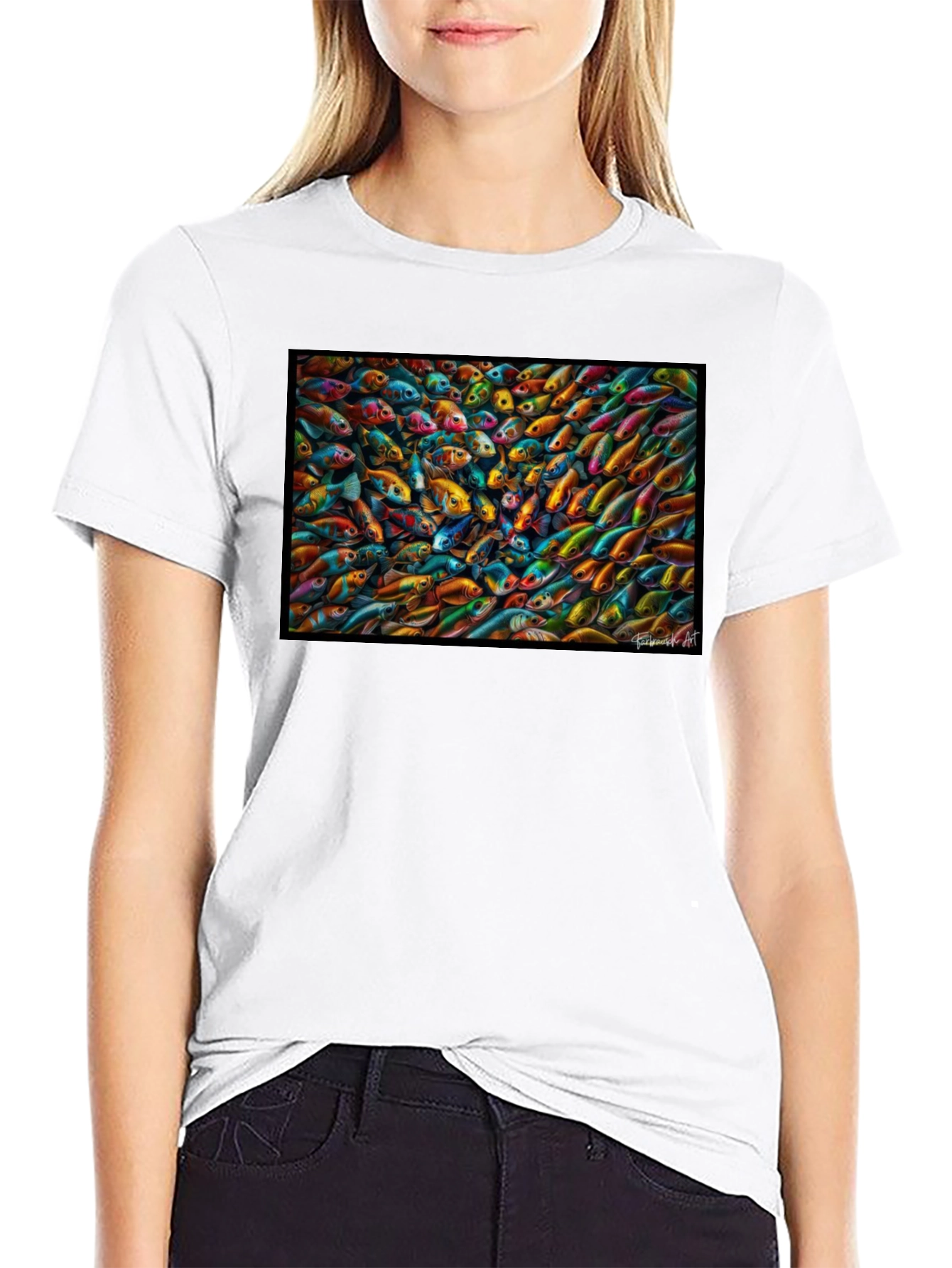 Vibrant Fish Pattern Black T-Shirt