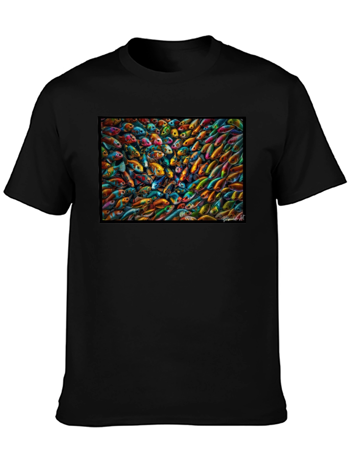 Vibrant Fish Pattern Black T-Shirt