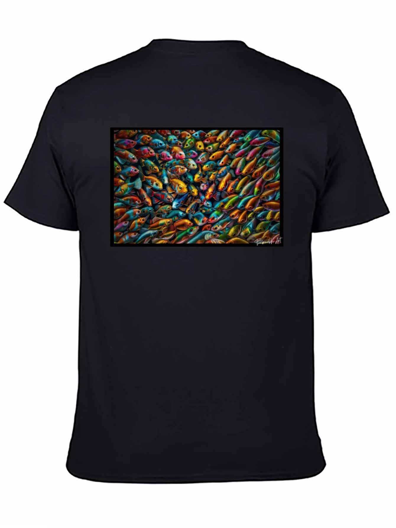 Vibrant Fish Pattern Black T-Shirt