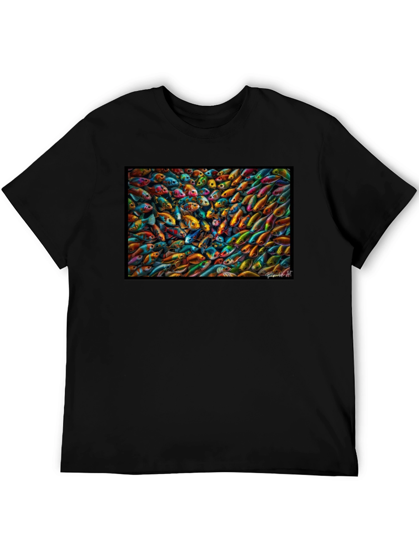 Vibrant Fish Pattern Black T-Shirt