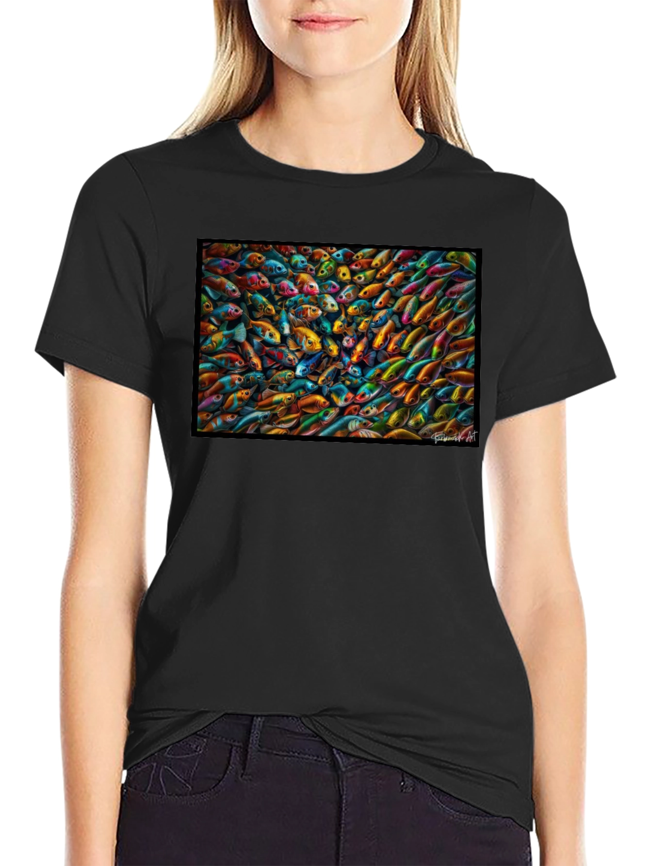 Vibrant Fish Pattern Black T-Shirt