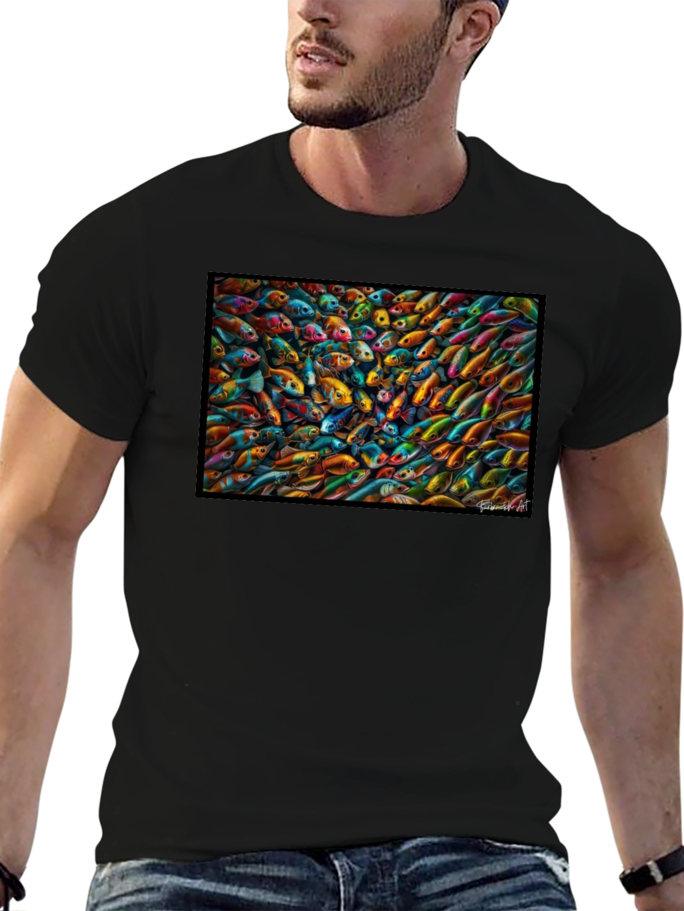 Vibrant Fish Pattern Black T-Shirt