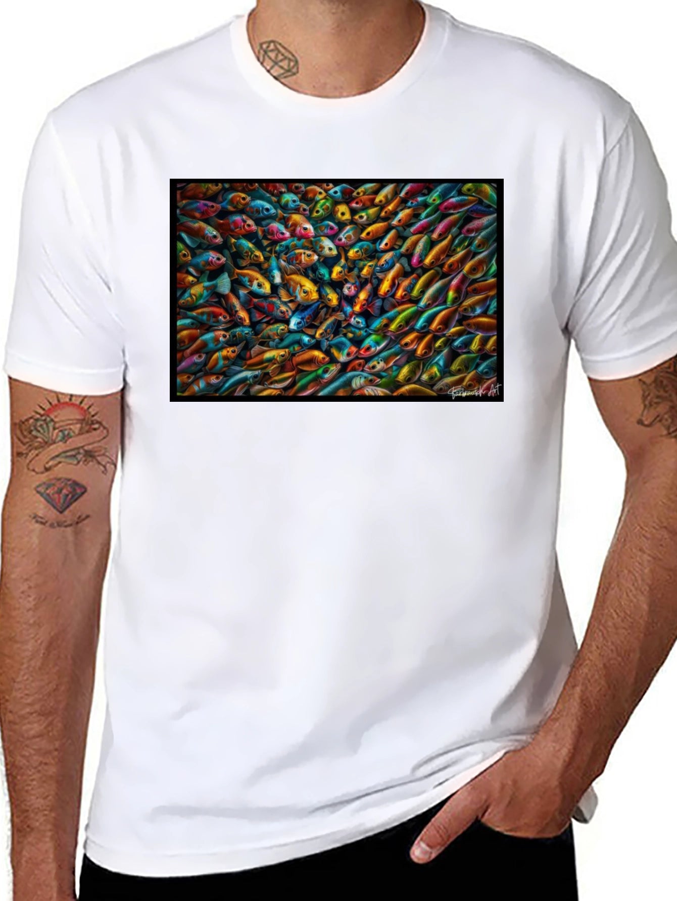 Vibrant Fish Pattern Black T-Shirt