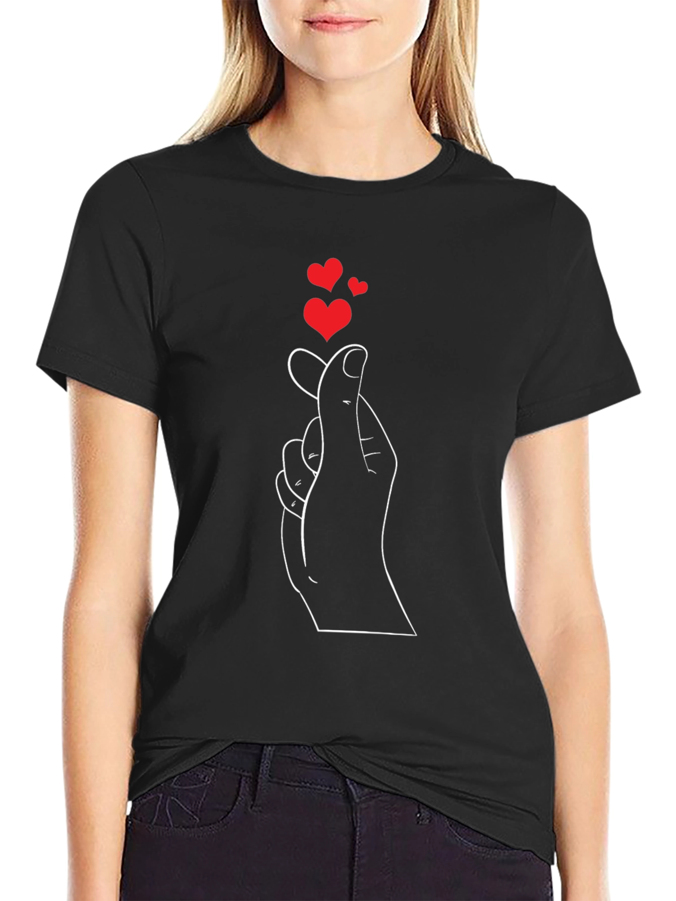 Heart Fingers Graphic T-Shirt - Casual Black Tee