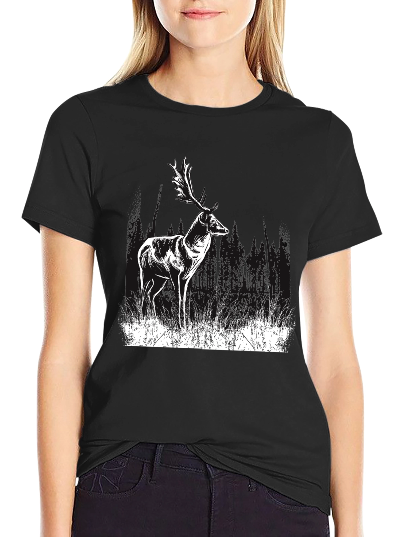 Deer Graphic Print Black T-Shirt