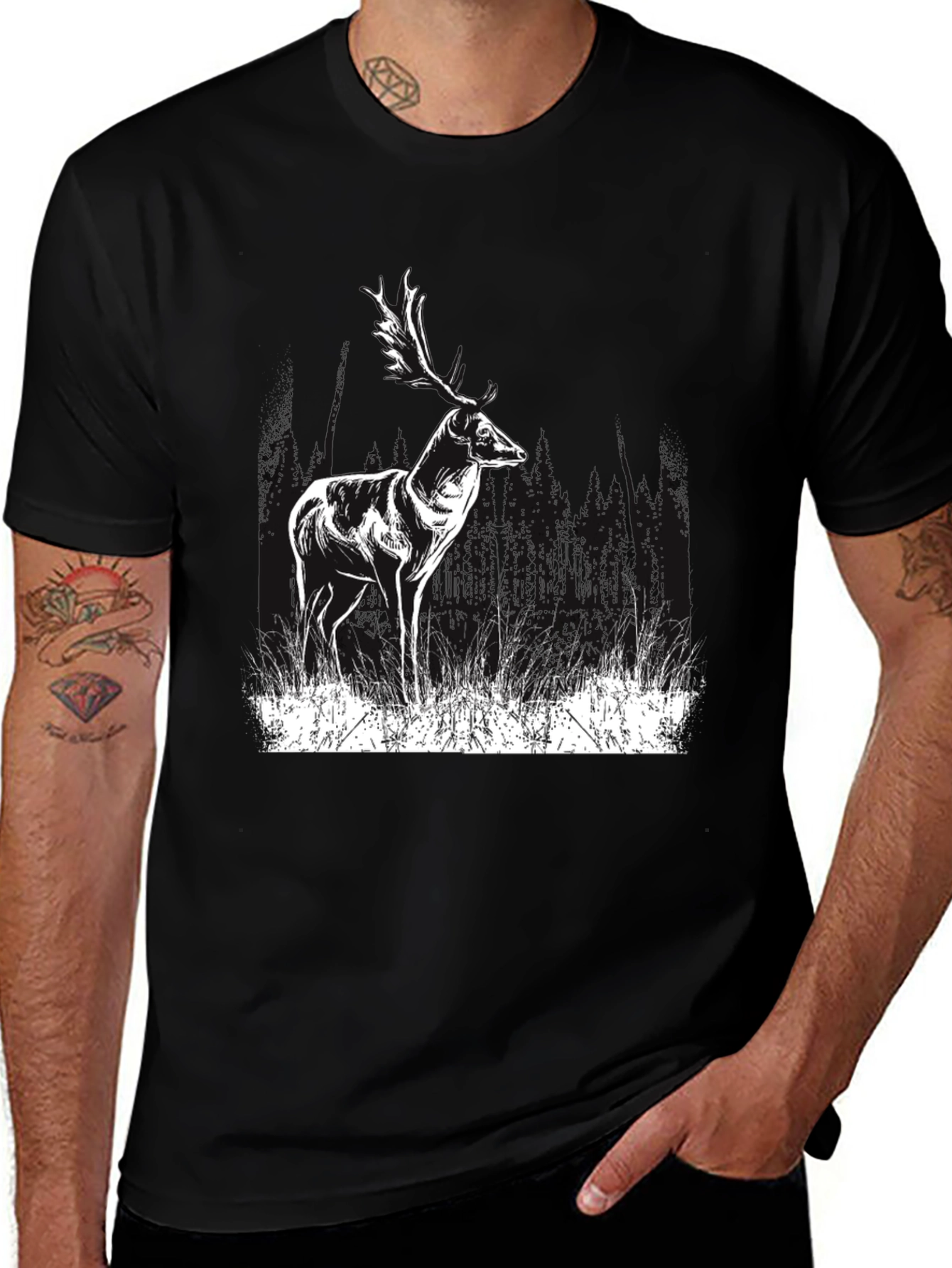 Deer Graphic Print Black T-Shirt