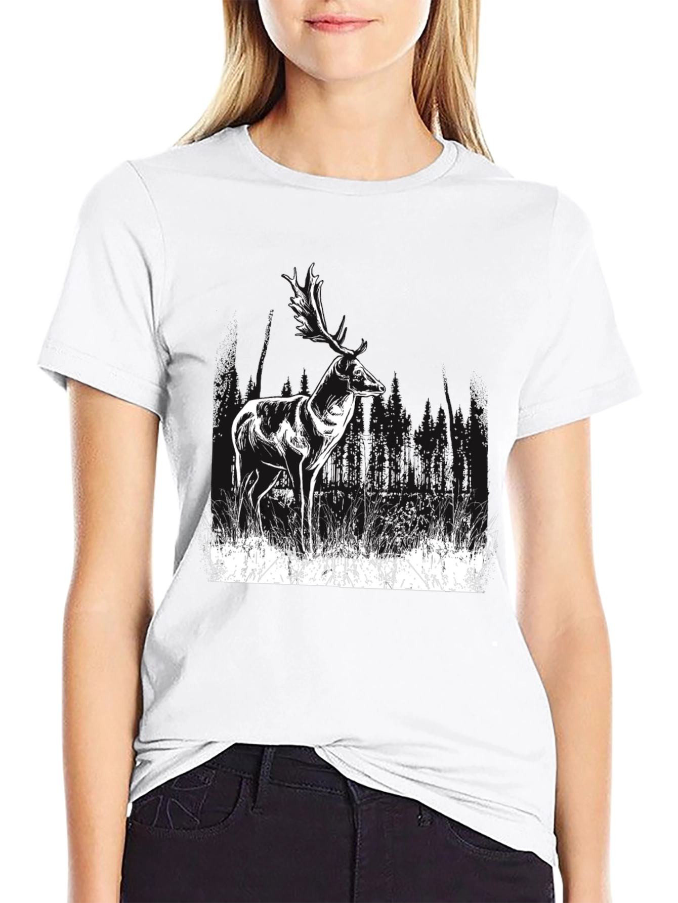 Deer Graphic Print Black T-Shirt