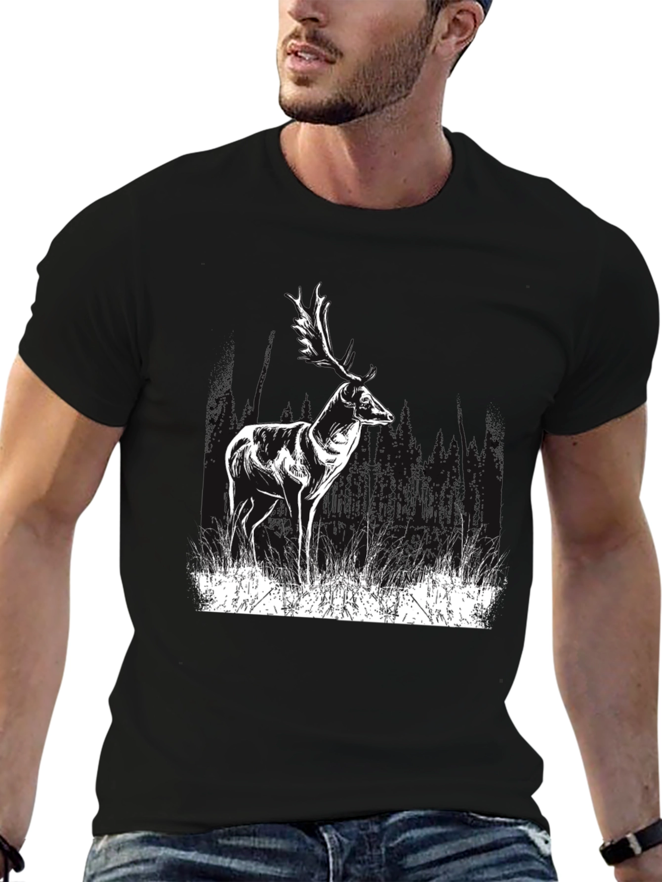Deer Graphic Print Black T-Shirt