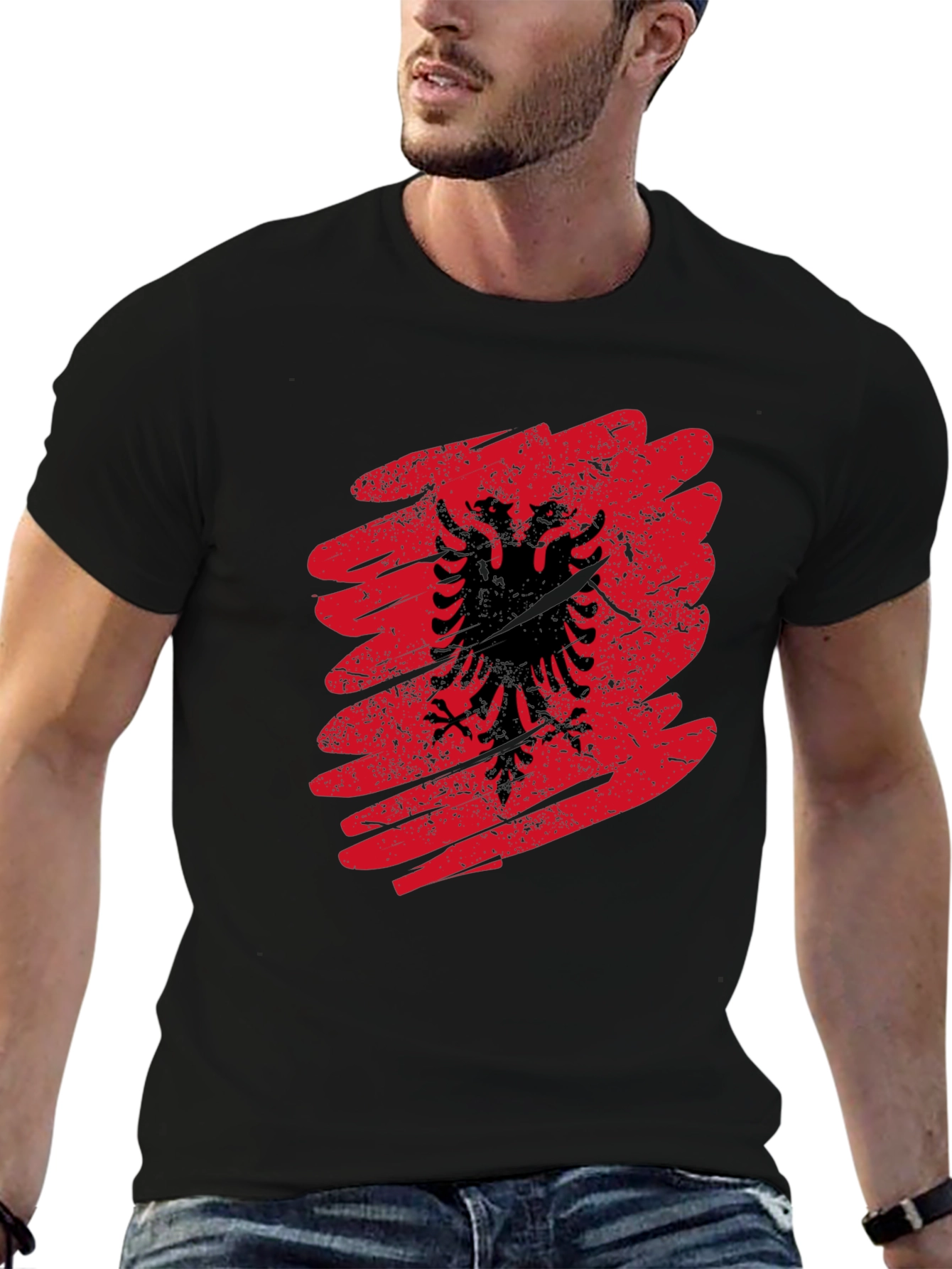 Albania Flag Graphic Tee - Mens Black T-Shirt
