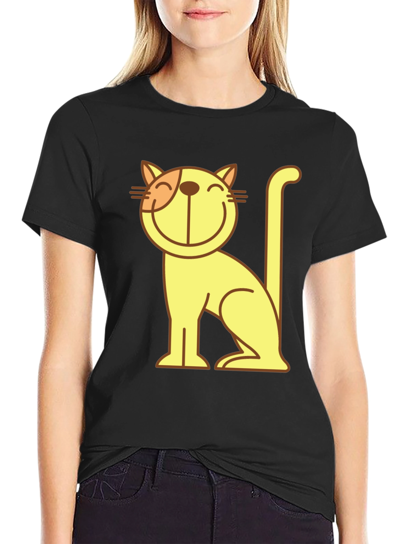 Smiling Cartoon Cat Graphic T-Shirt