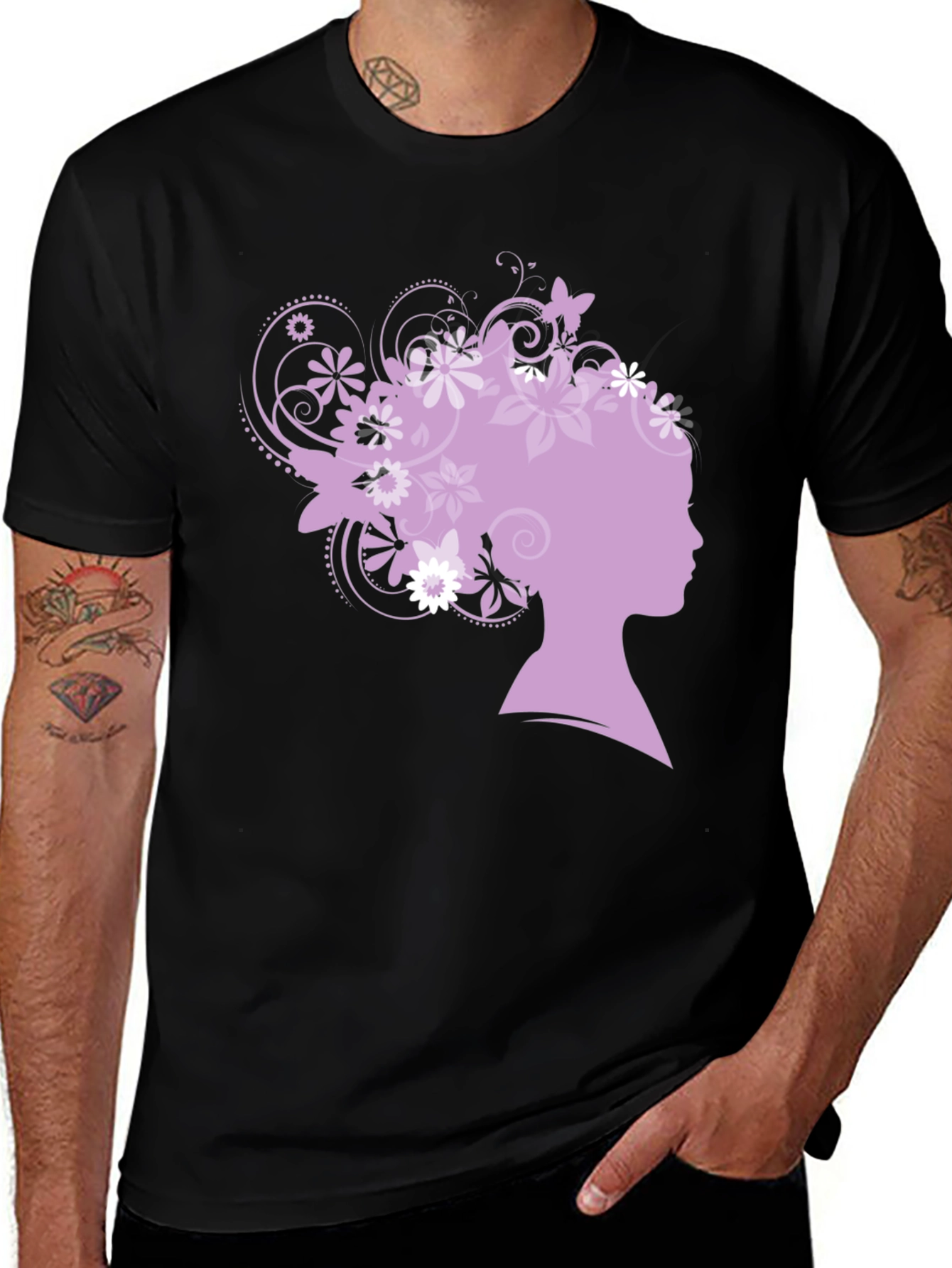 Floral Silhouette Graphic Tee - Black Cotton Blend