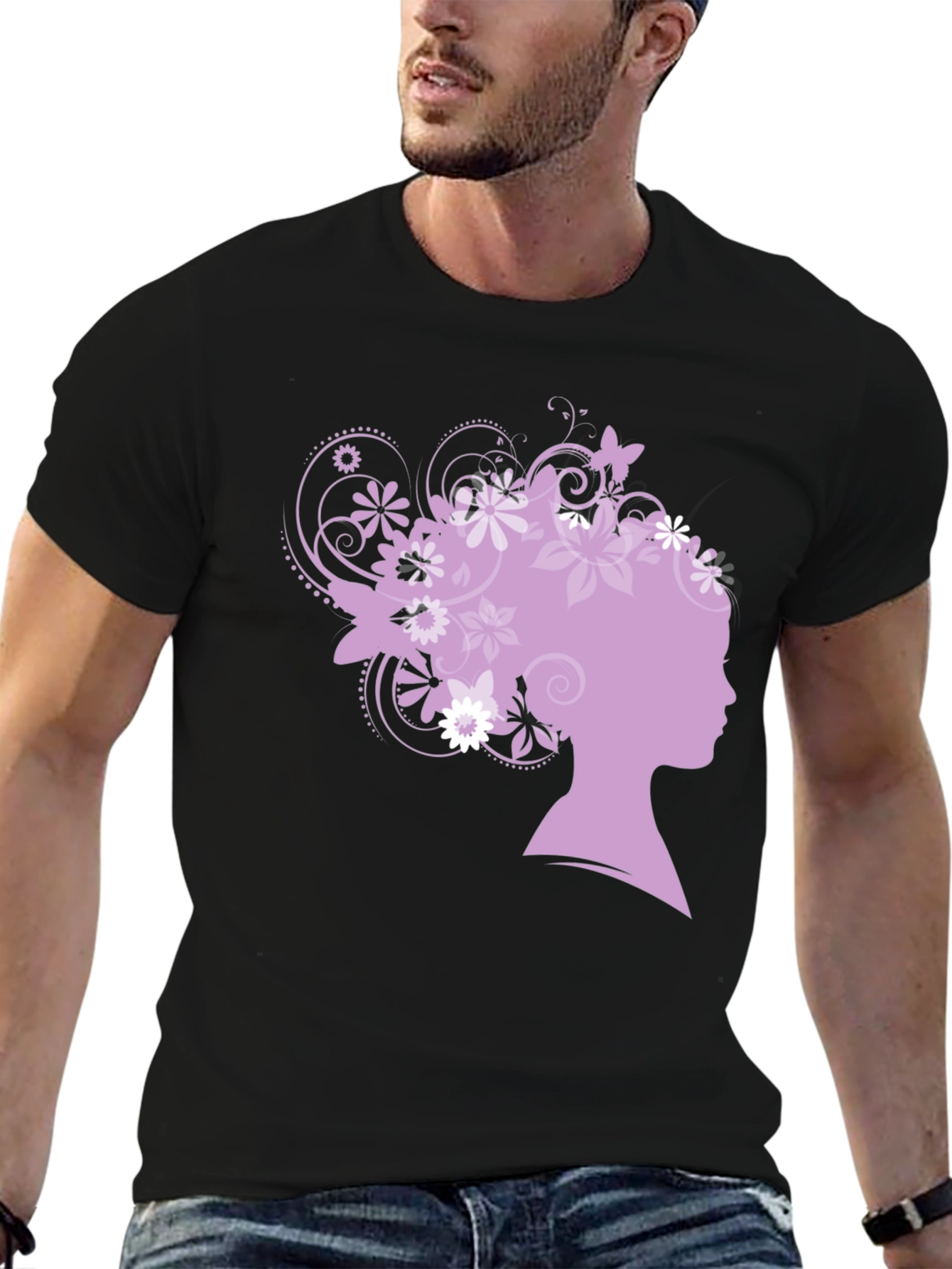 Floral Silhouette Graphic Tee - Black Cotton Blend