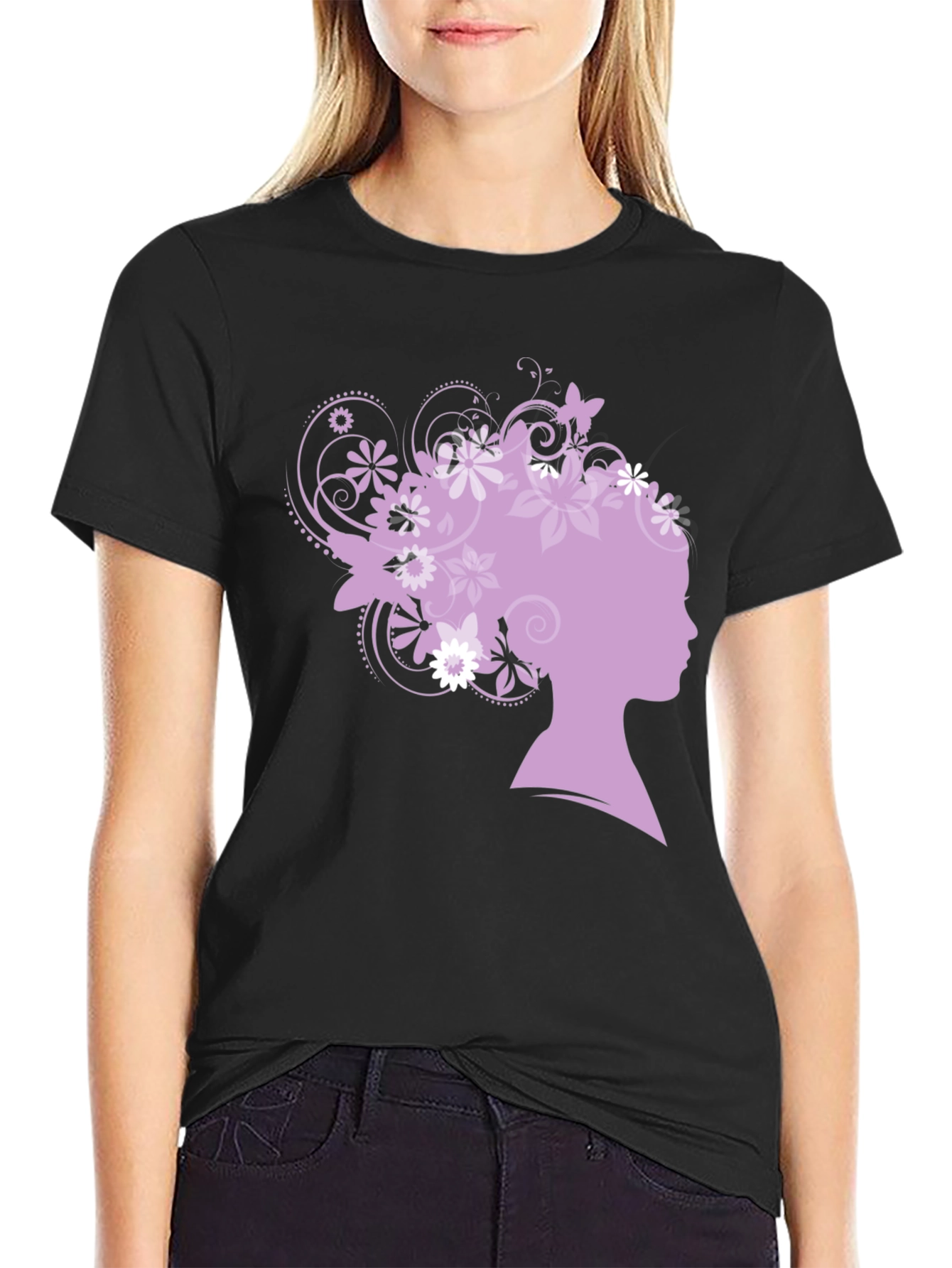 Floral Silhouette Graphic Tee - Black Cotton Blend