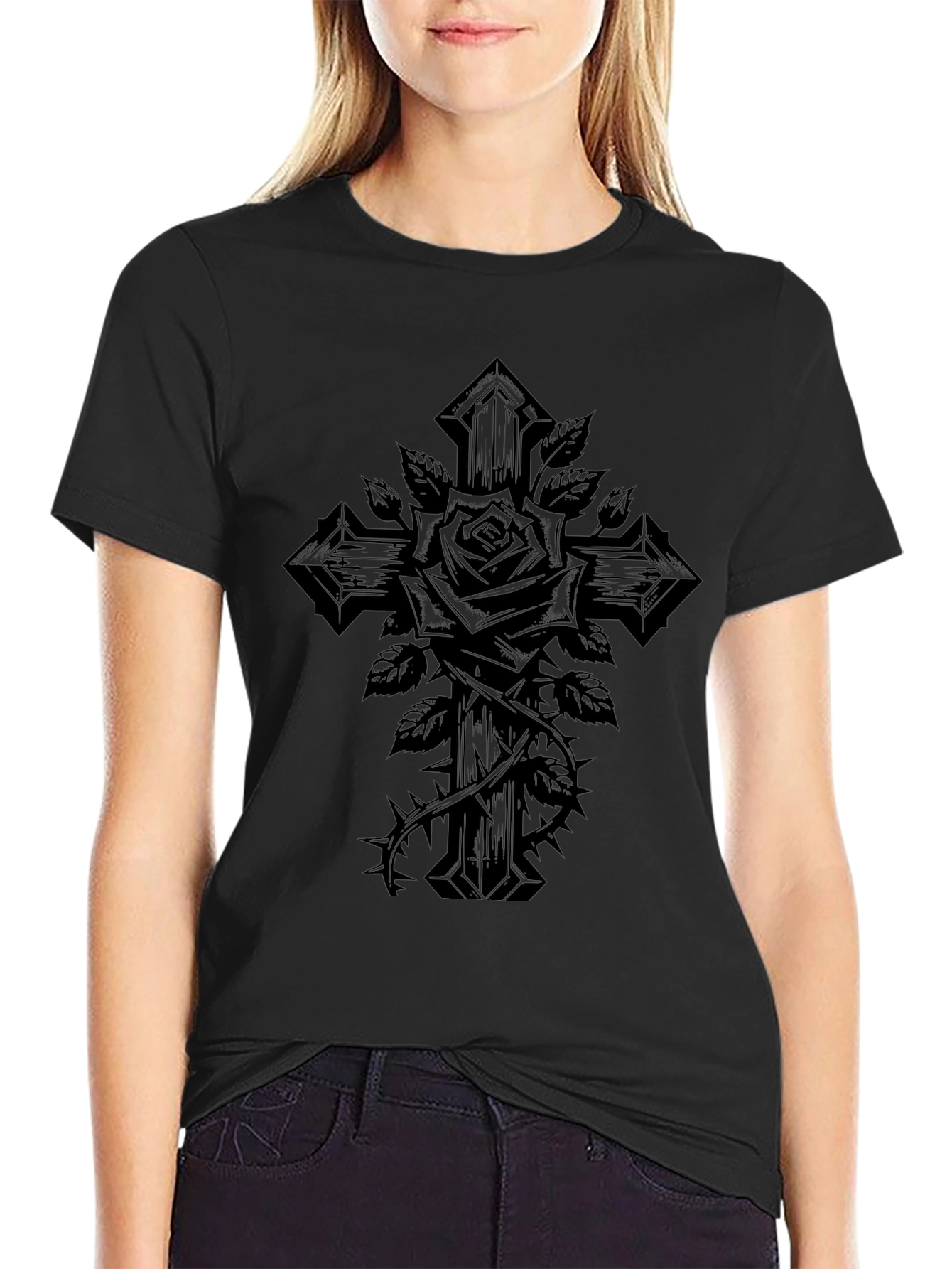 Gothic Rose Cross Graphic Tee - Black