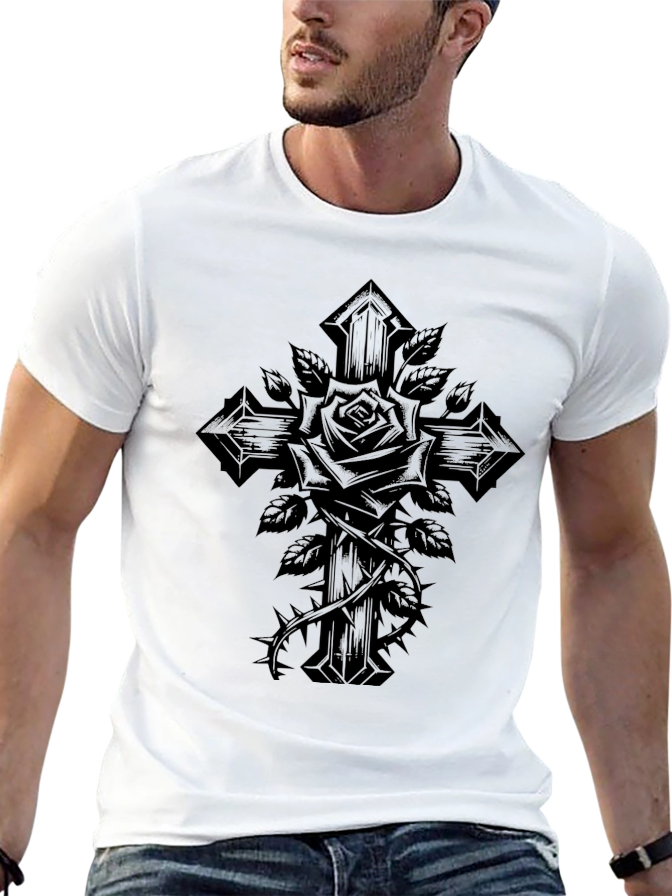 Gothic Rose Cross Graphic Tee - Black