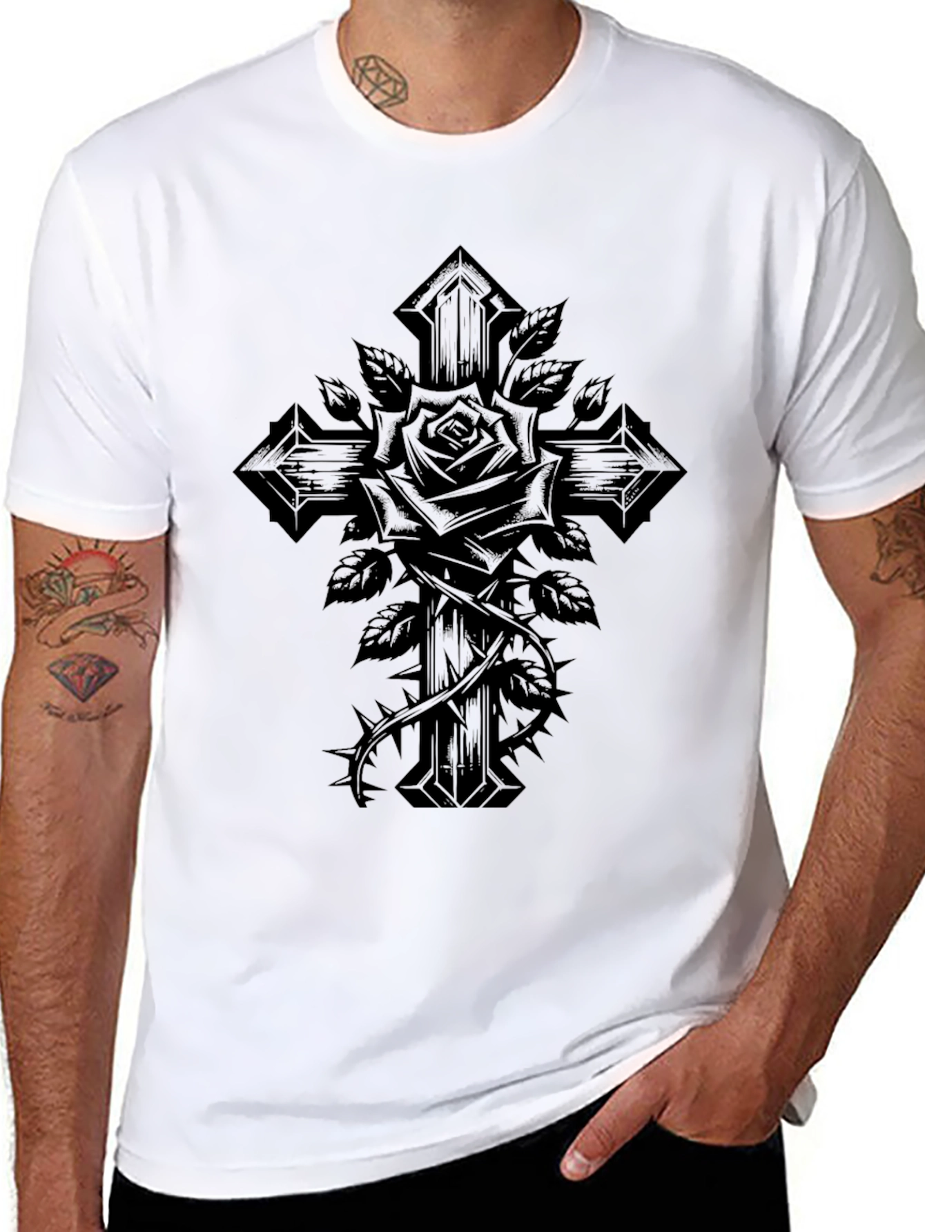 Gothic Rose Cross Graphic Tee - Black