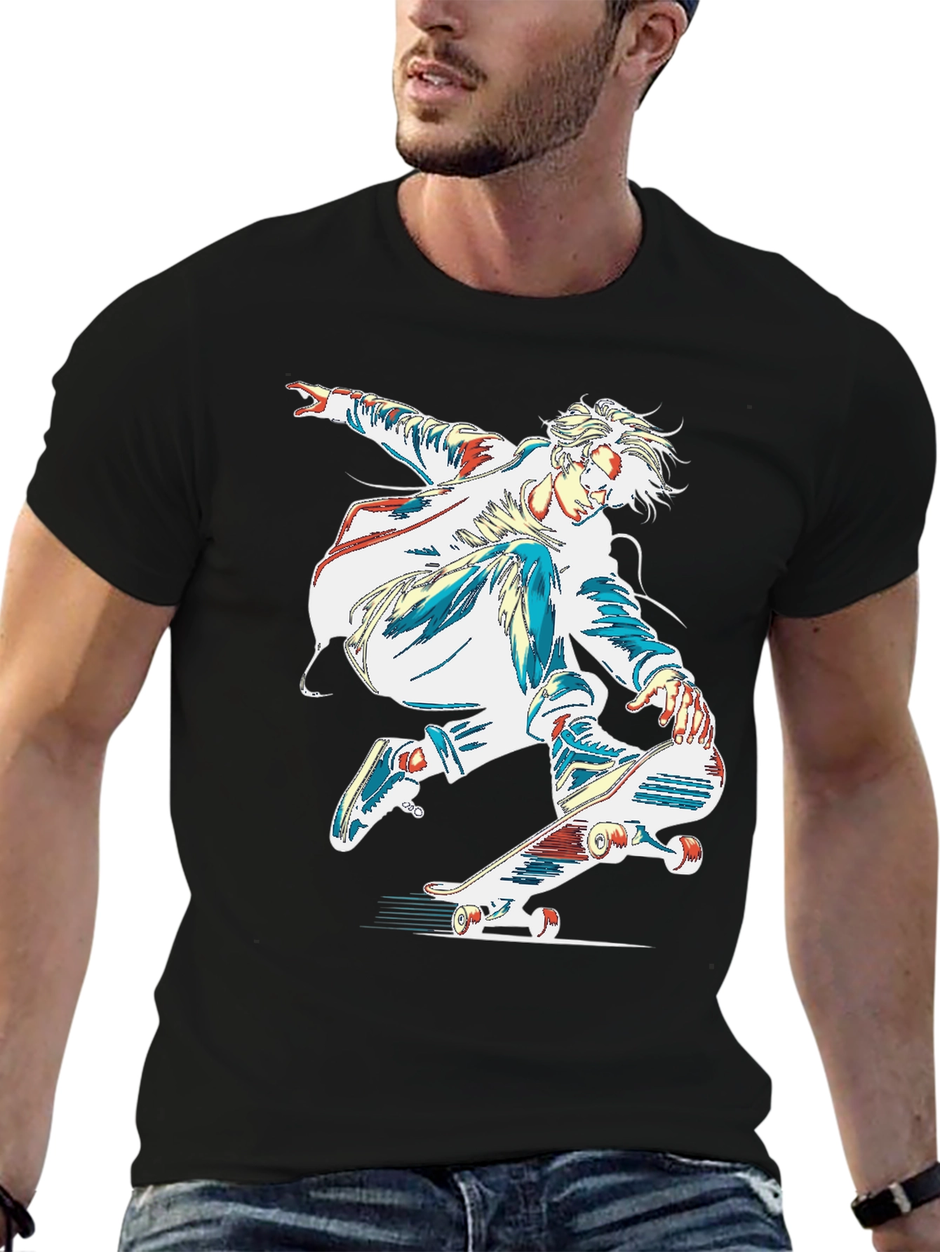 Skateboarder Graphic Print Black T-Shirt