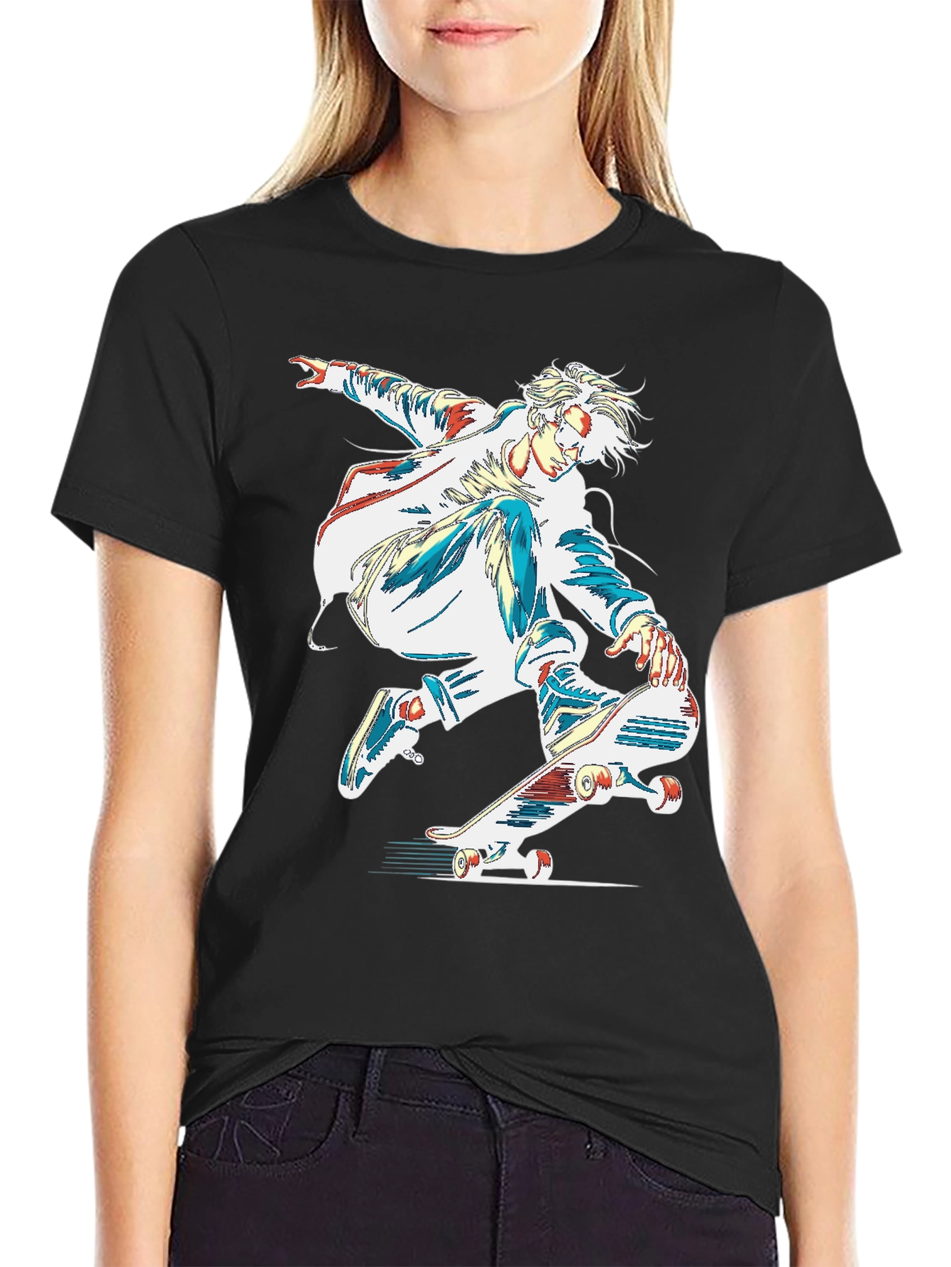 Skateboarder Graphic Print Black T-Shirt