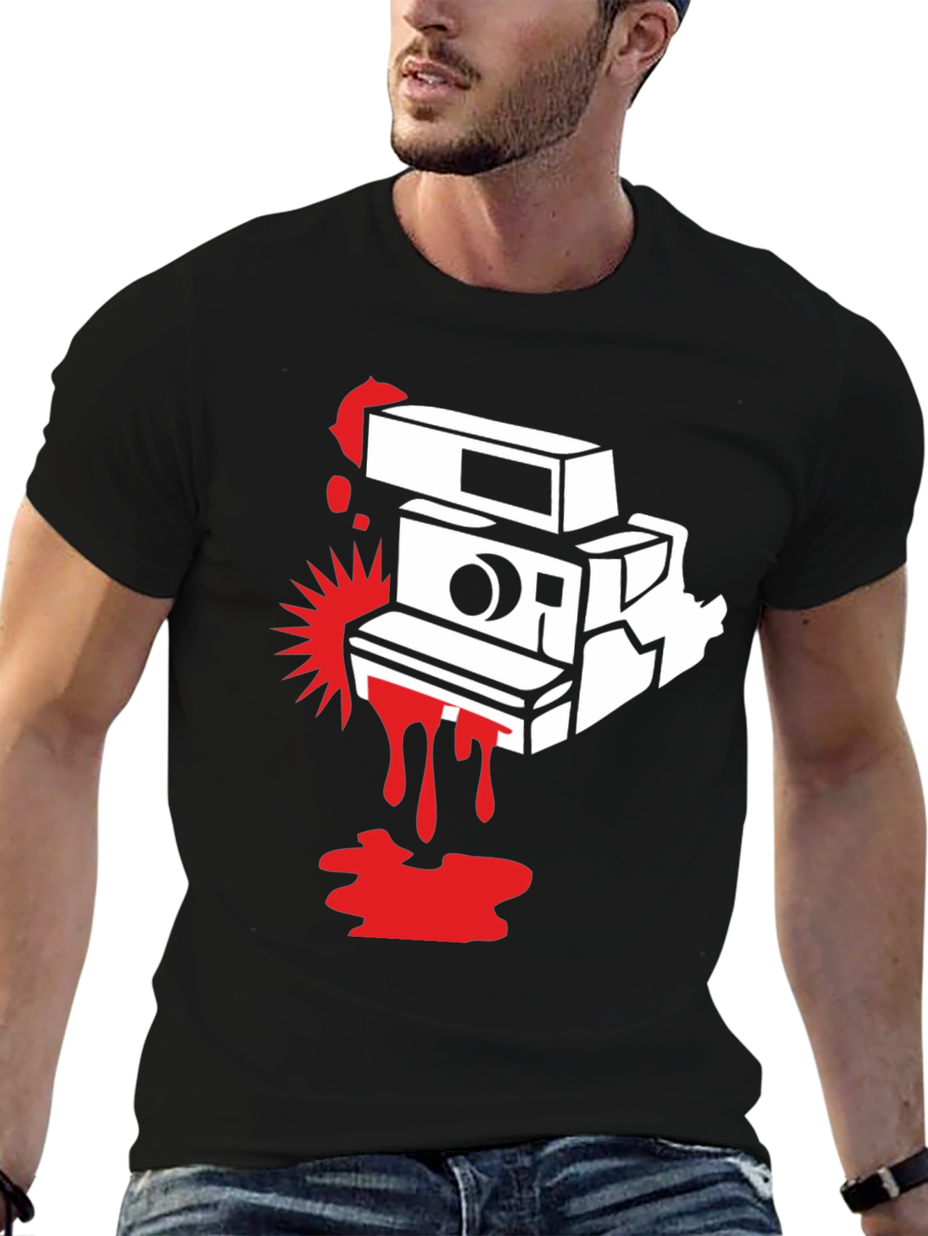 Retro Camera Graphic Tee - Black Cotton T-Shirt