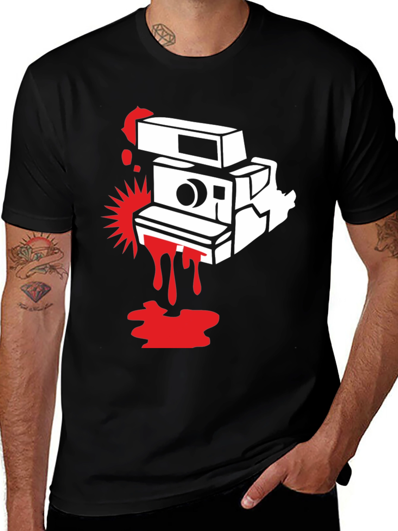 Retro Camera Graphic Tee - Black Cotton T-Shirt