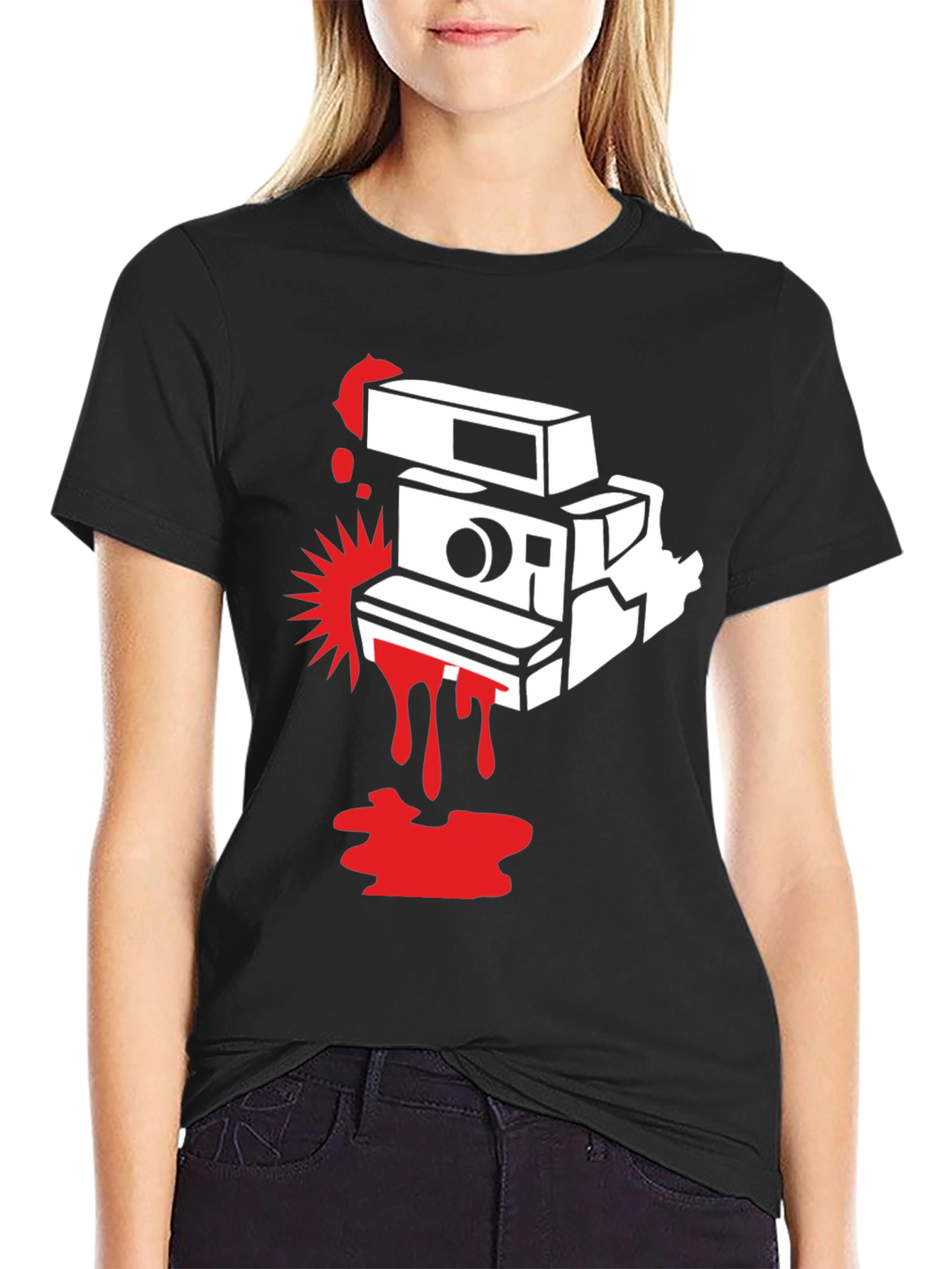Retro Camera Graphic Tee - Black Cotton T-Shirt