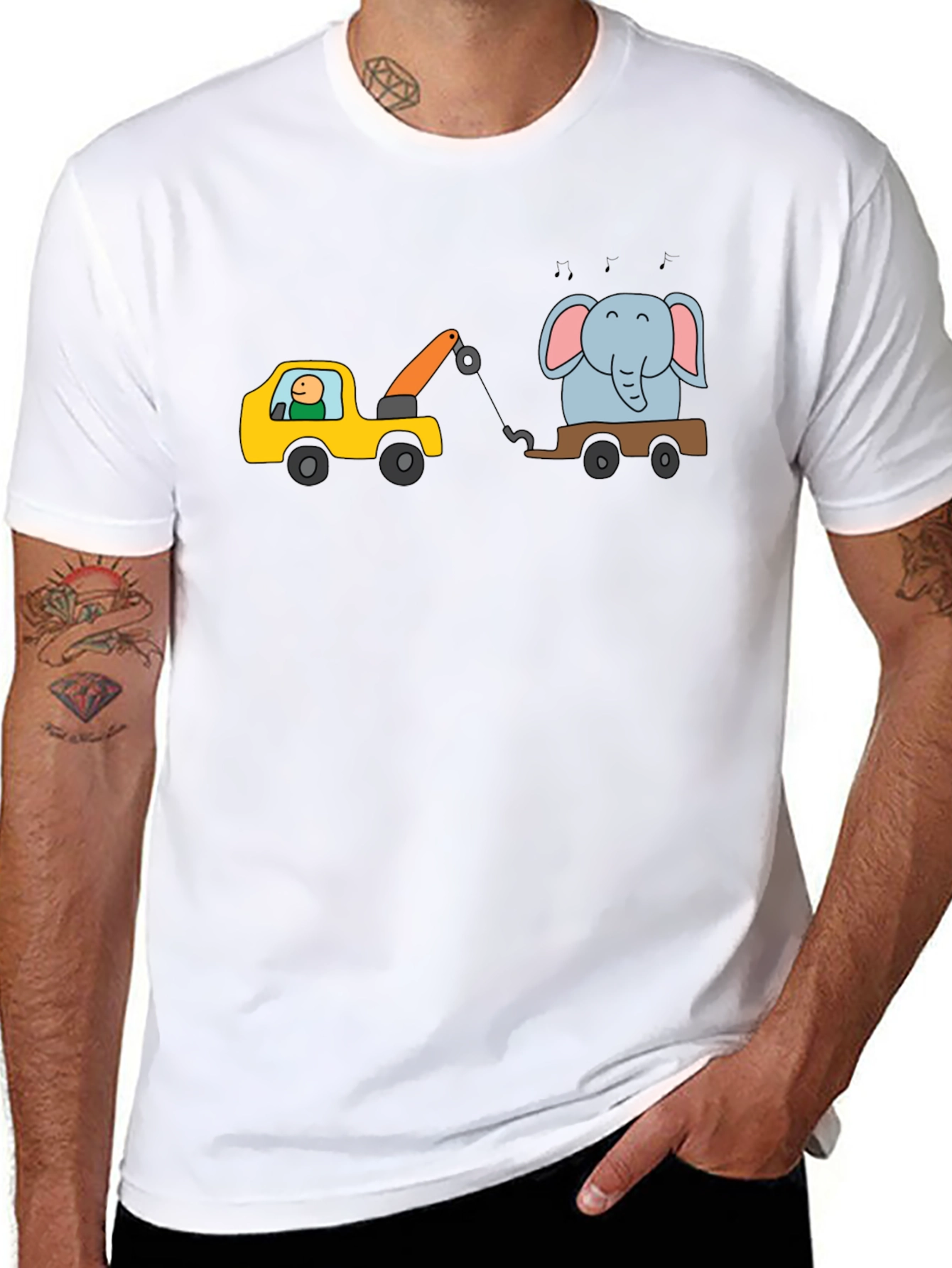 Cartoon Elephant Tow Truck Mens Black T-Shirt